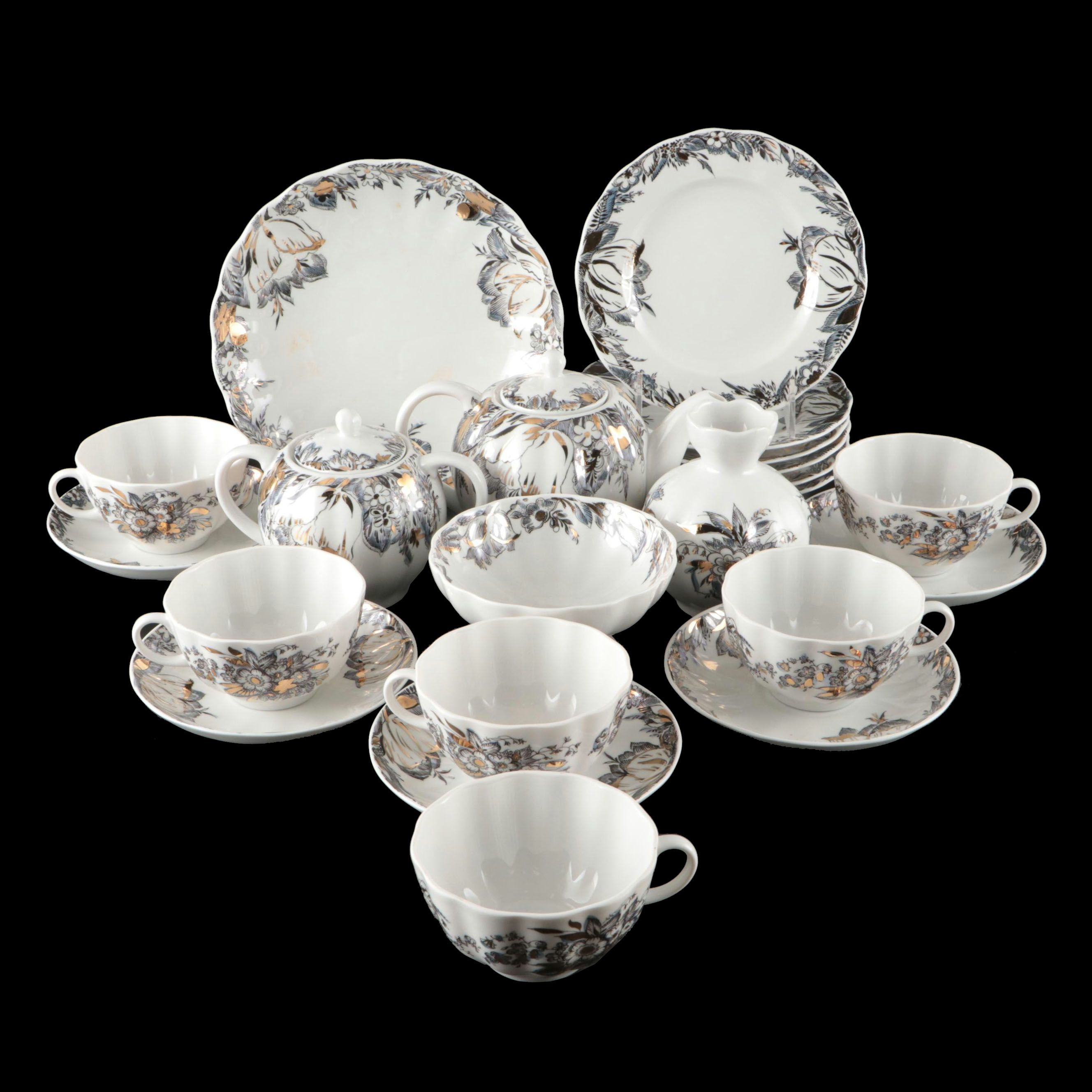 Lomonosov Black and Gold Gilt Porcelain Dinnerware and Table Accessories