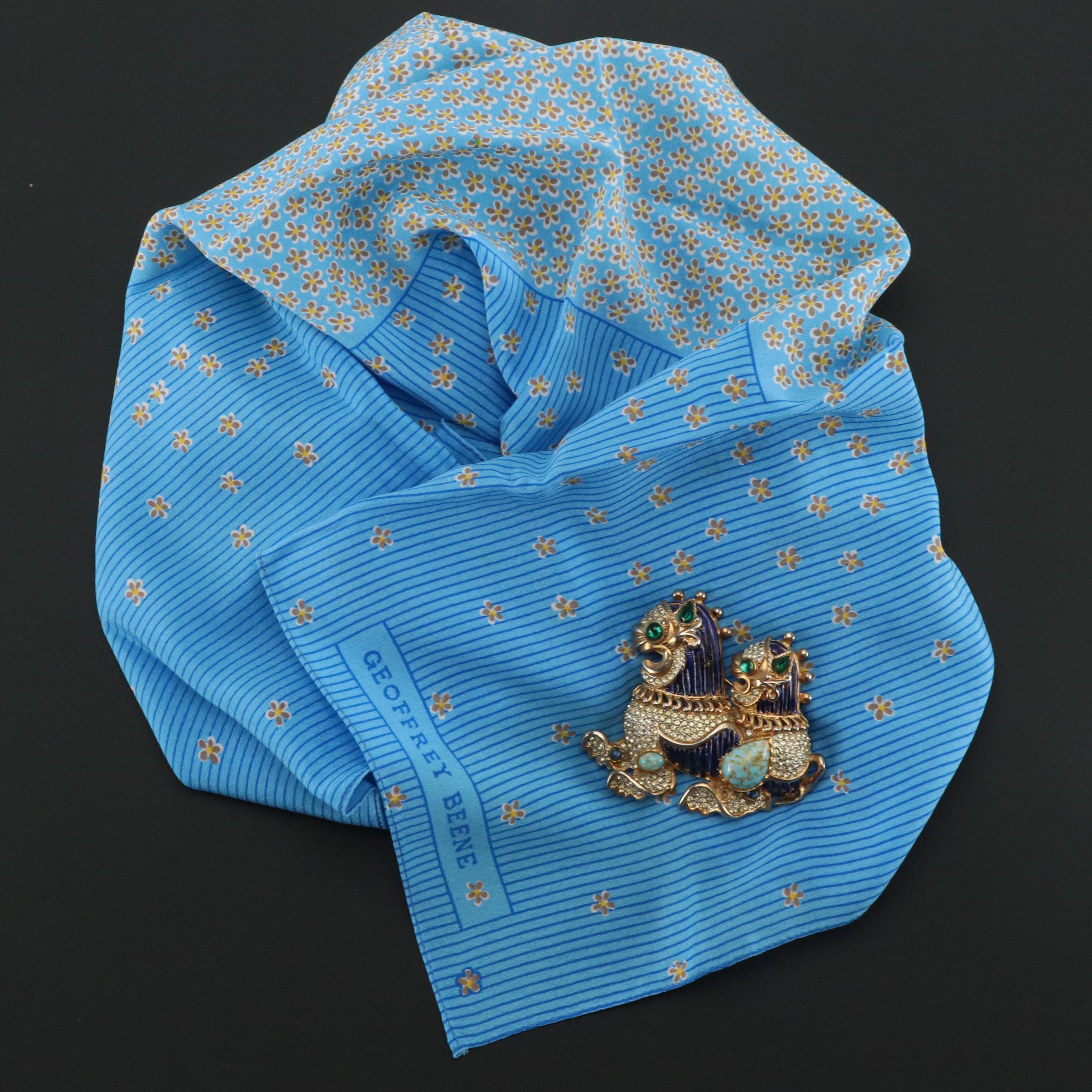 Geoffrey Beene for Kramer Vintage Embellished Brooch and Blue Floral Silk Scarf