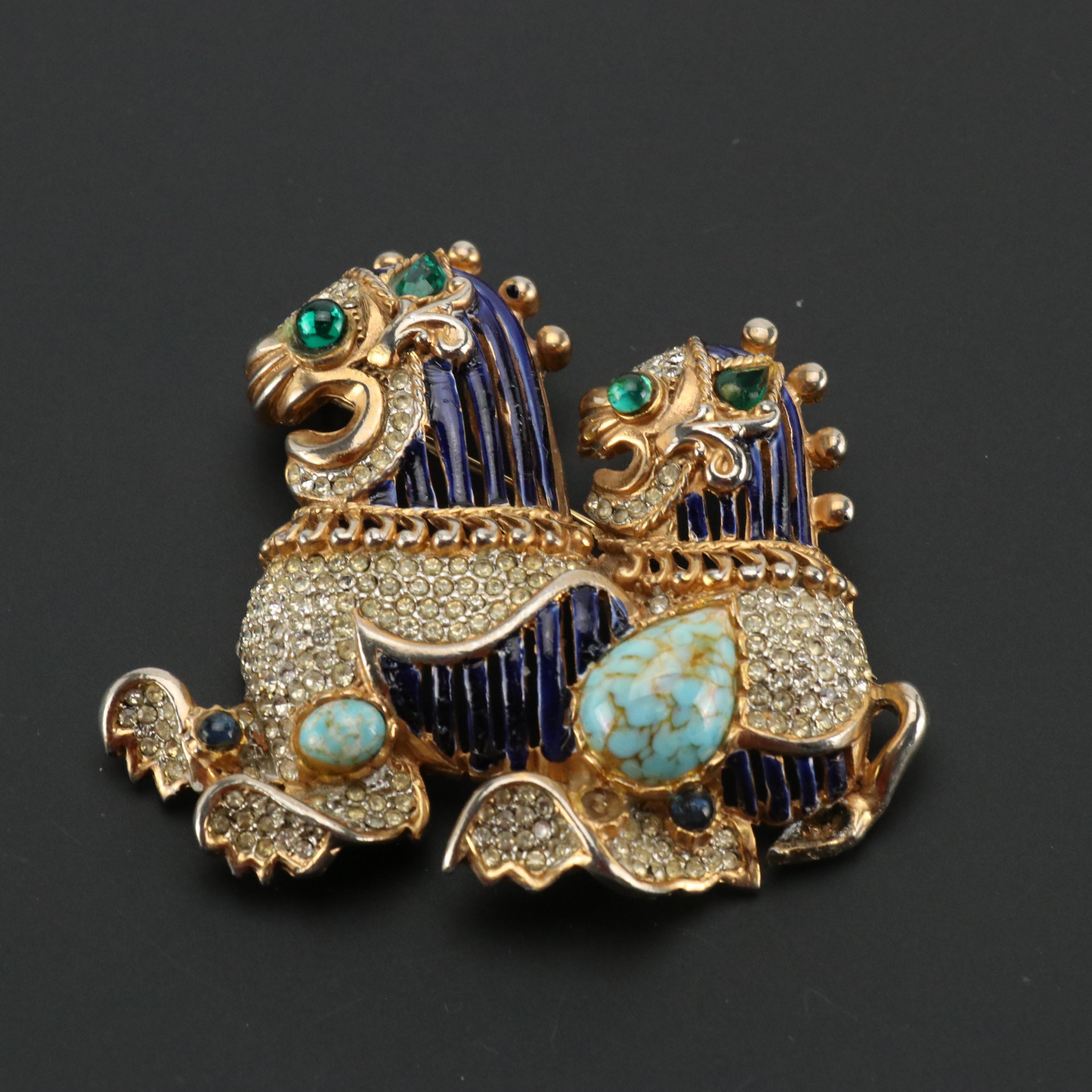 Geoffrey Beene for Kramer Vintage Embellished Brooch and Blue Floral Silk Scarf