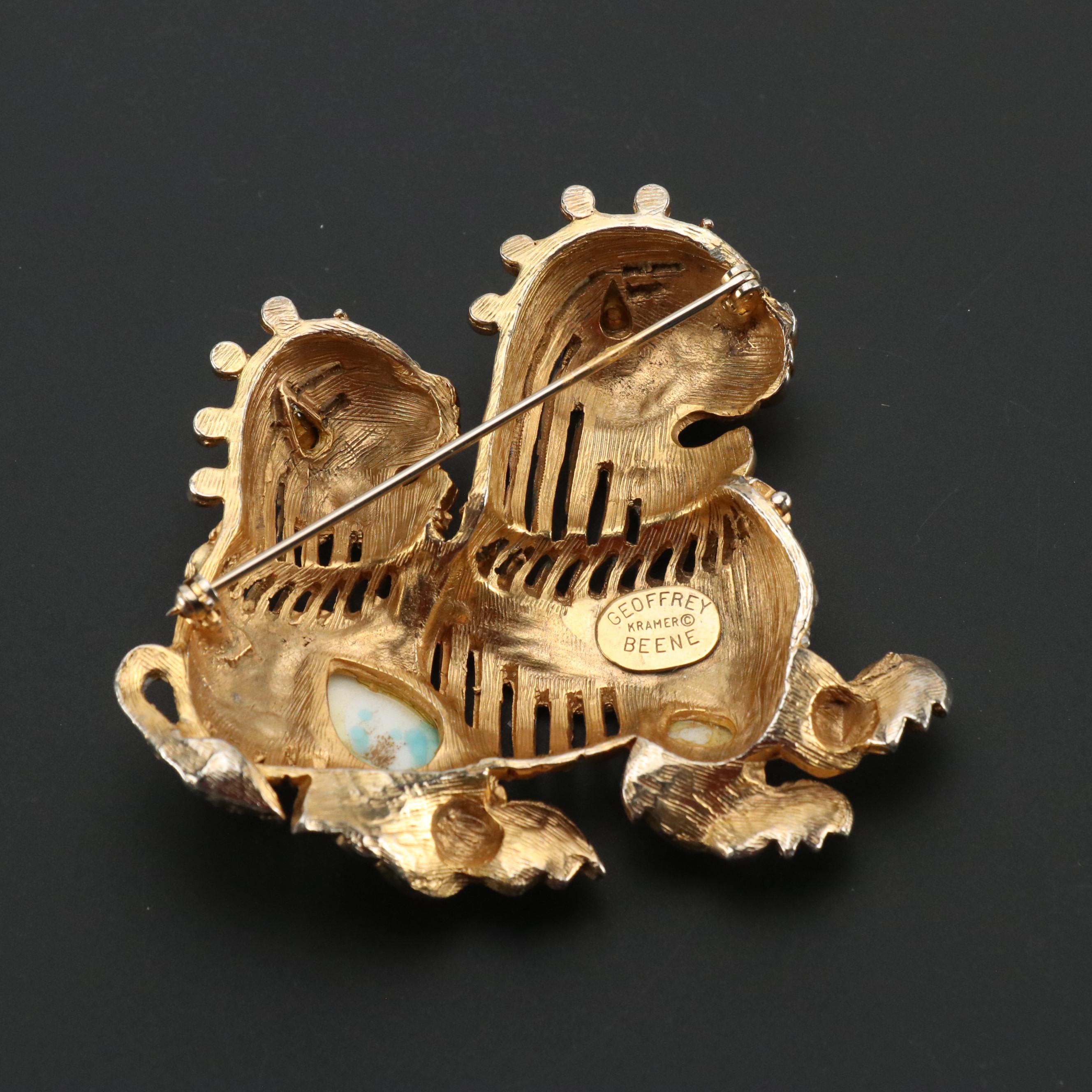 Geoffrey Beene for Kramer Vintage Embellished Brooch and Blue Floral Silk Scarf