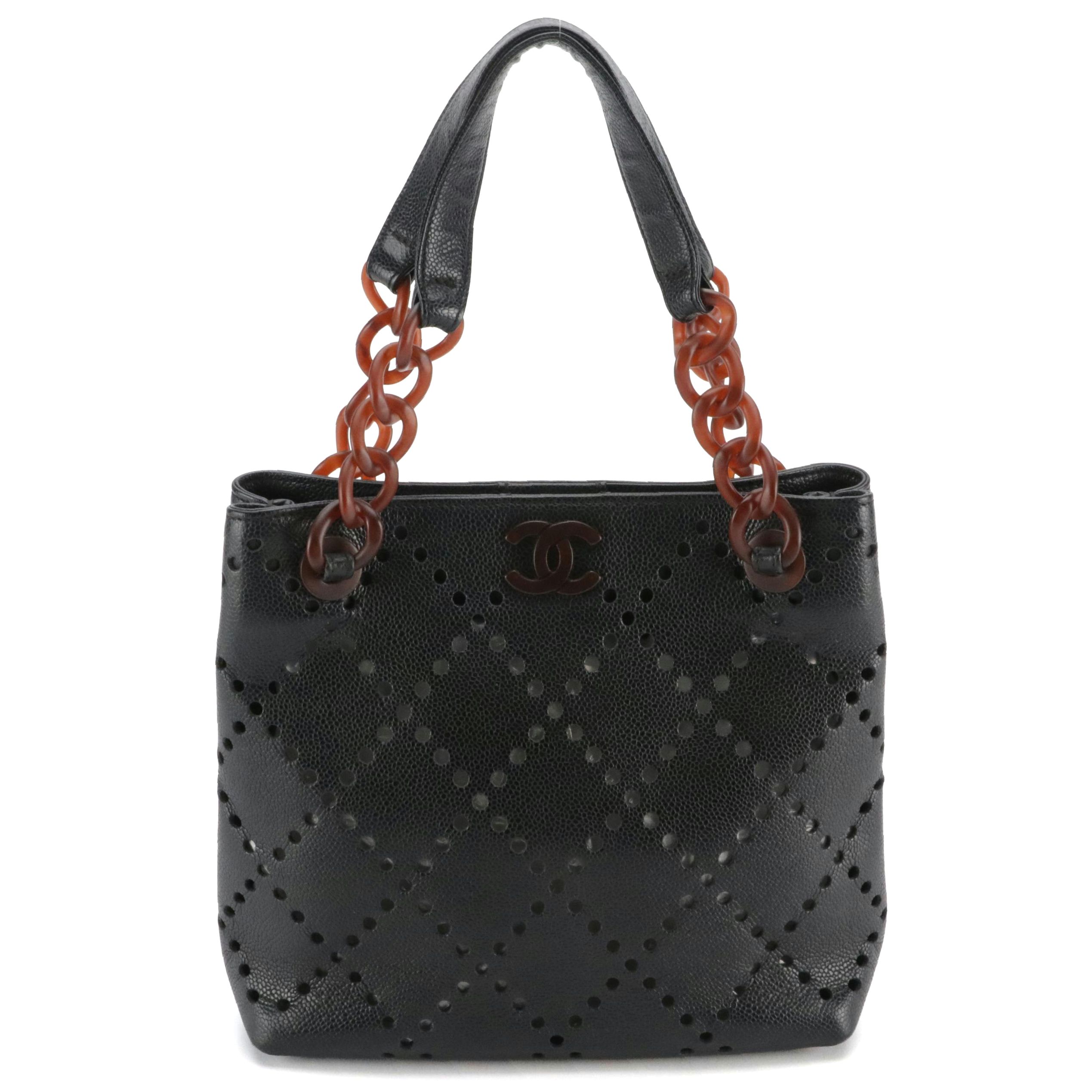 Chanel Diamond Perforated Caviar Leather Handbag with Resin Chain-Link Straps