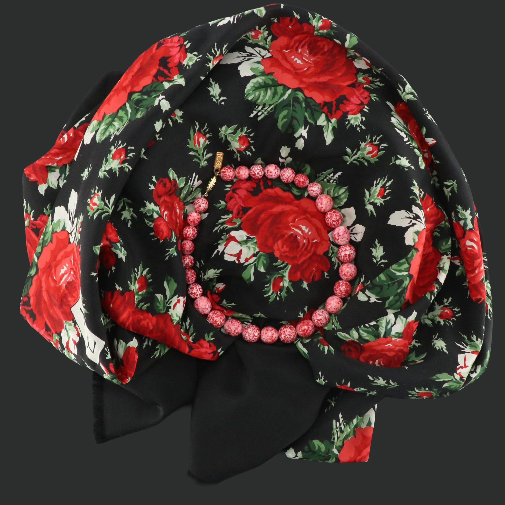 Yves Saint Laurent Ceramic Bead Graduated Choker and Rose Print Silk Scarf Shawl