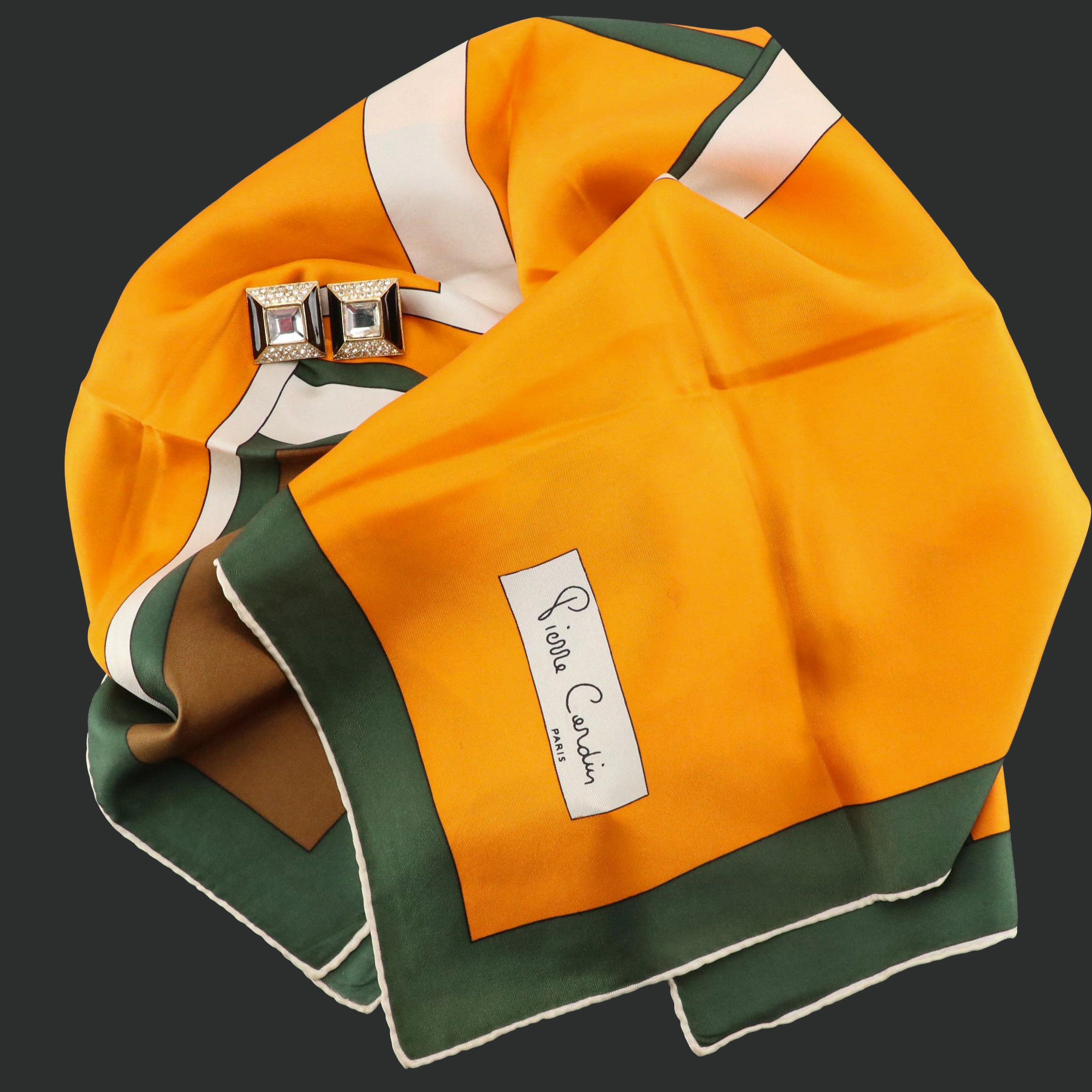 Craft Rhinestone and Enamel Square Clip Earrings and Pierre Cardin Silk Scarf