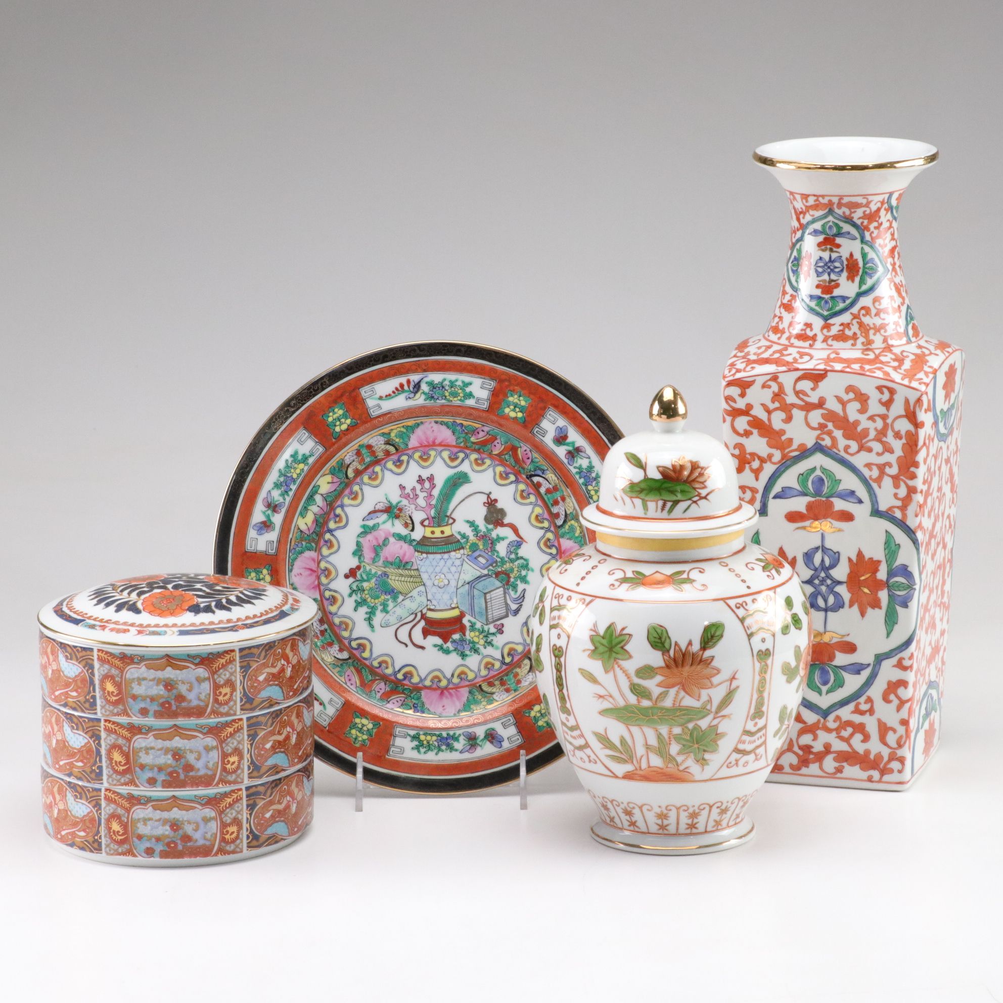 Chinese Canton Famille Rose Porcelain Plate with Stacking Japanese Dishes & More