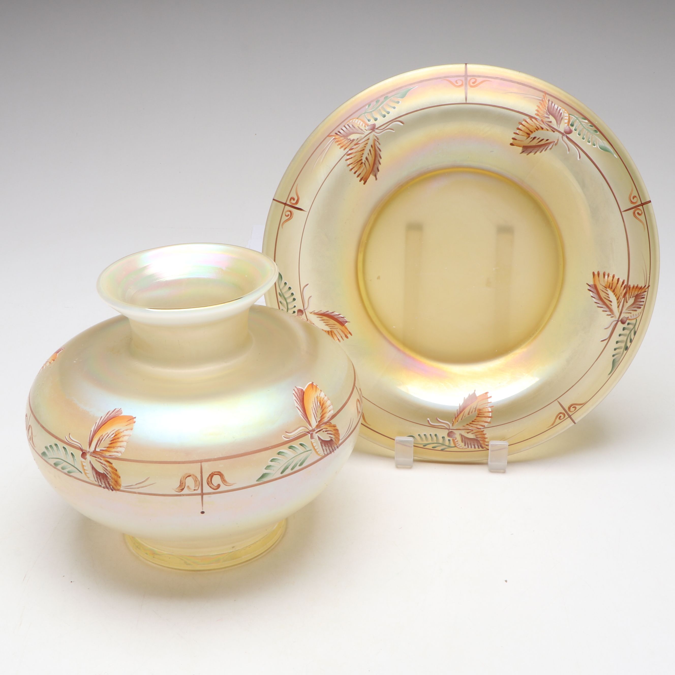 Fenton "Millennium Collection" Painted Iridescent Glass Vase and Console Bowl