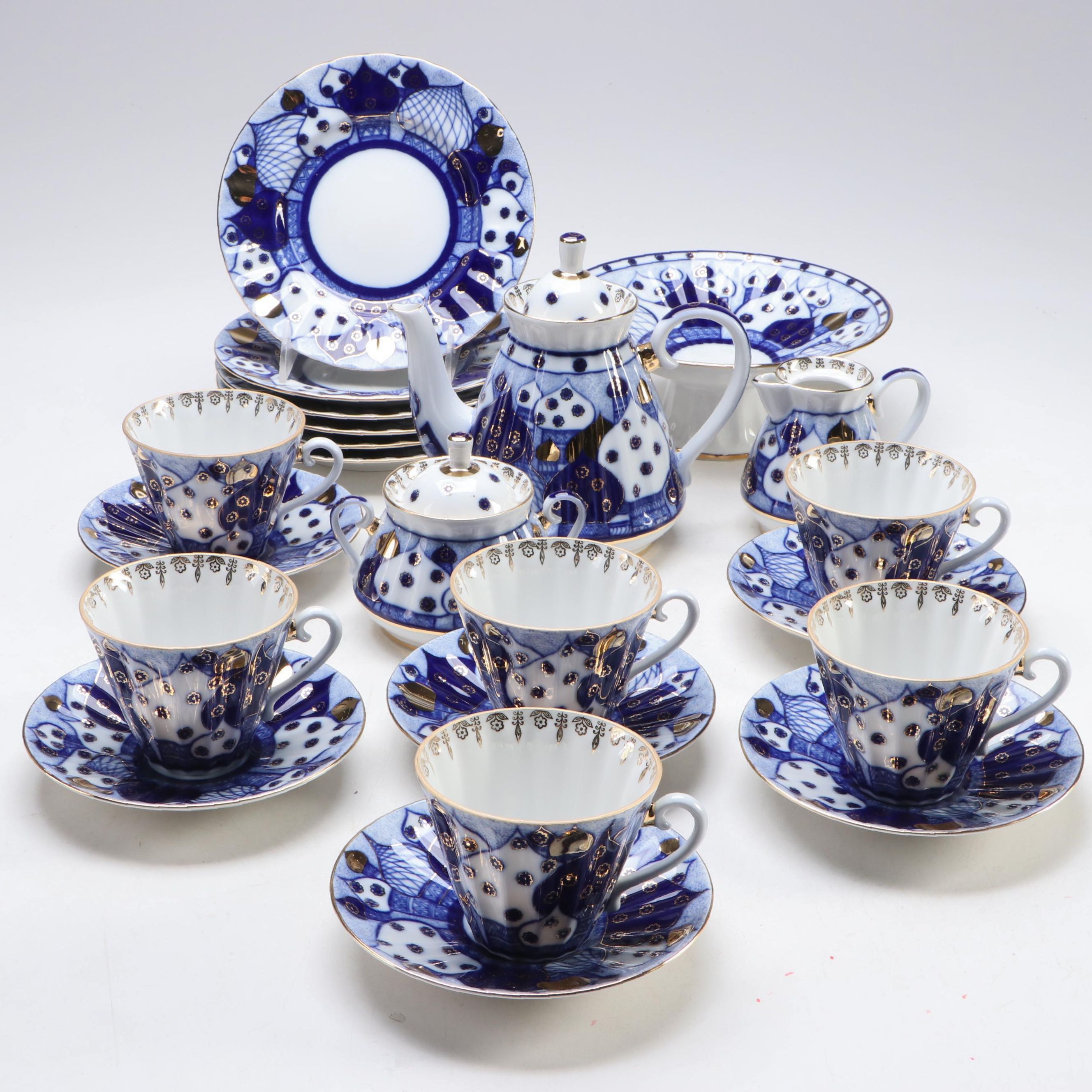 Lomonosov "Russian Domes" Gilded Blue and White Porcelain Tea Set
