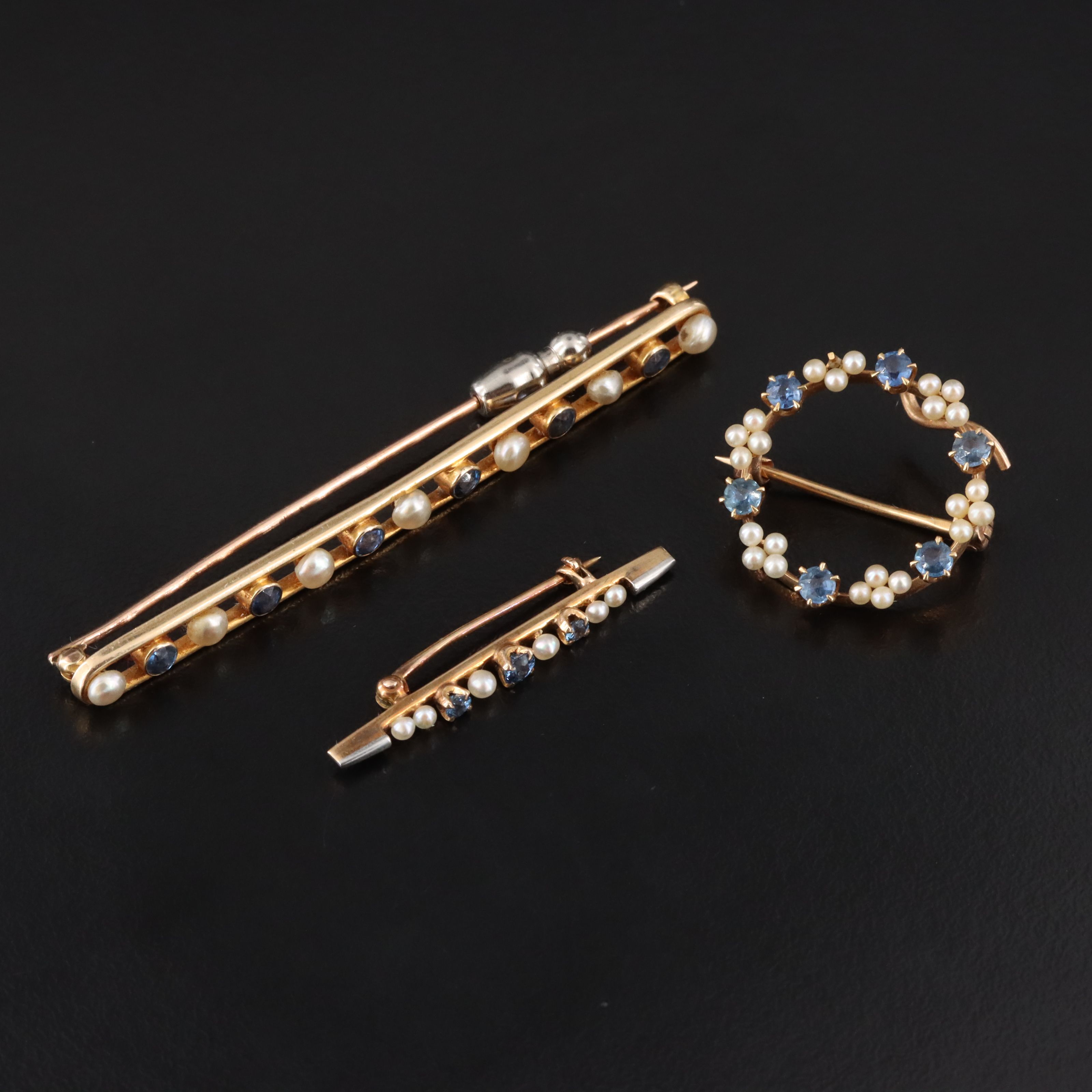 Antique 14K Sapphire and Seed Pearl Pins Including Krementz and Henry Blank & Co