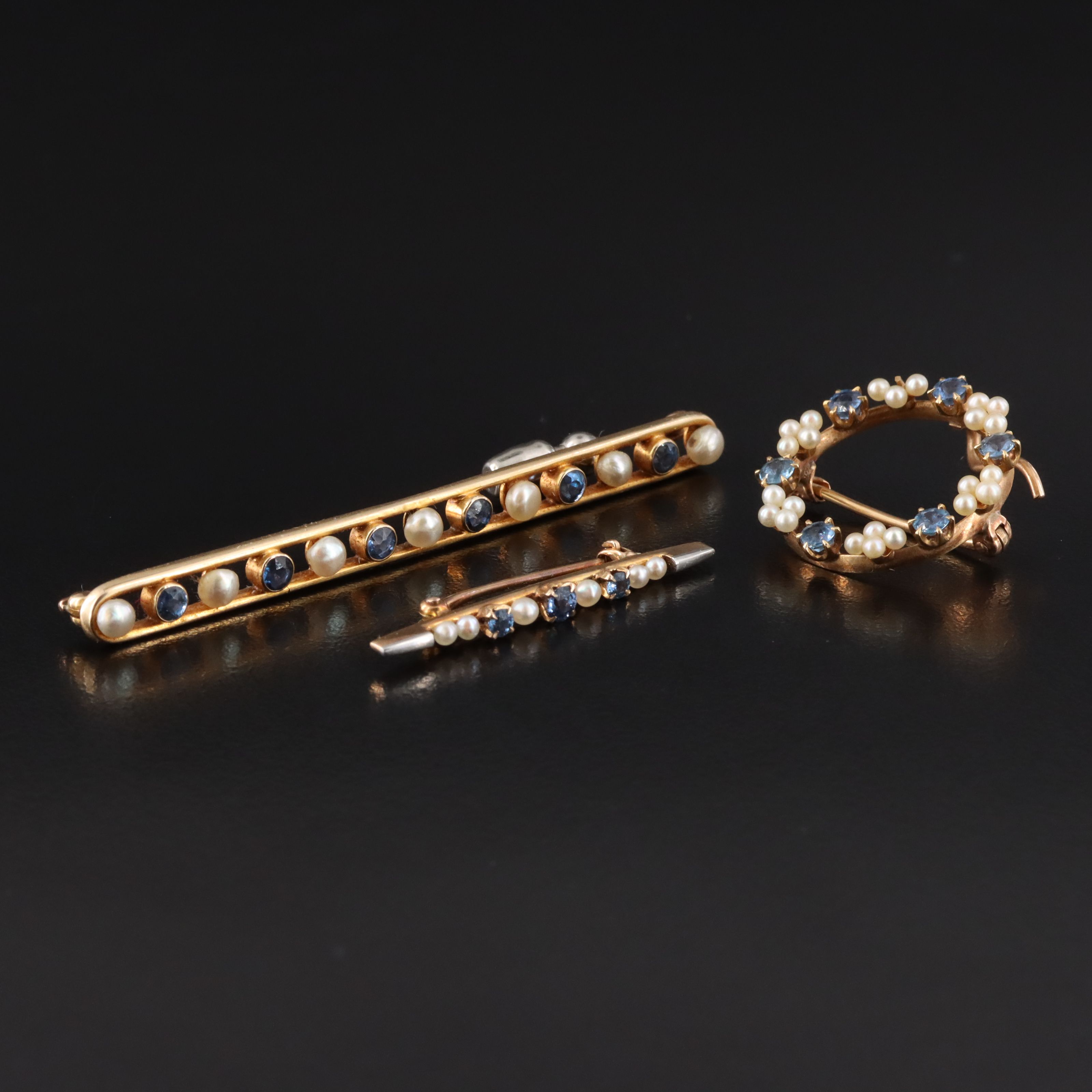Antique 14K Sapphire and Seed Pearl Pins Including Krementz and Henry Blank & Co