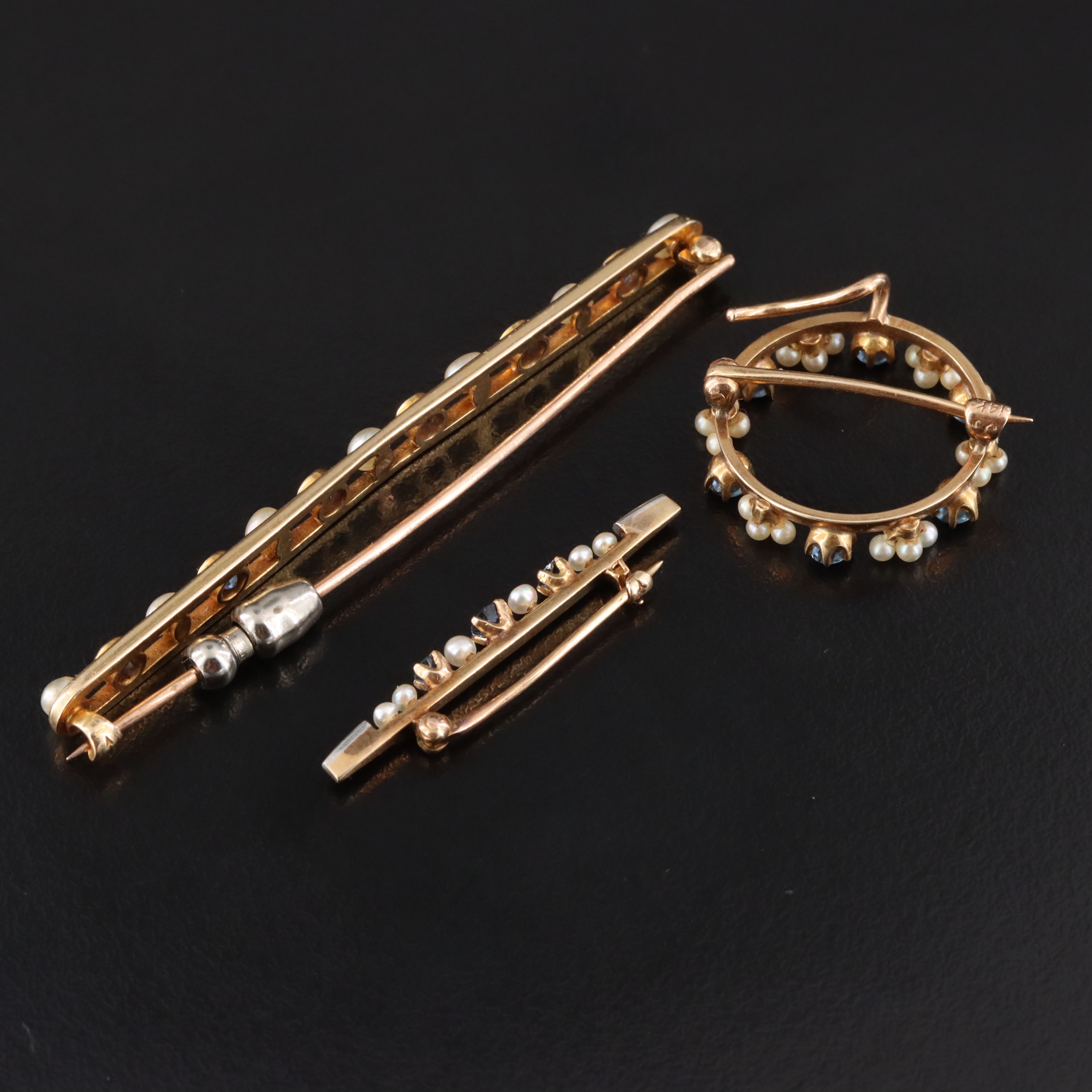 Antique 14K Sapphire and Seed Pearl Pins Including Krementz and Henry Blank & Co