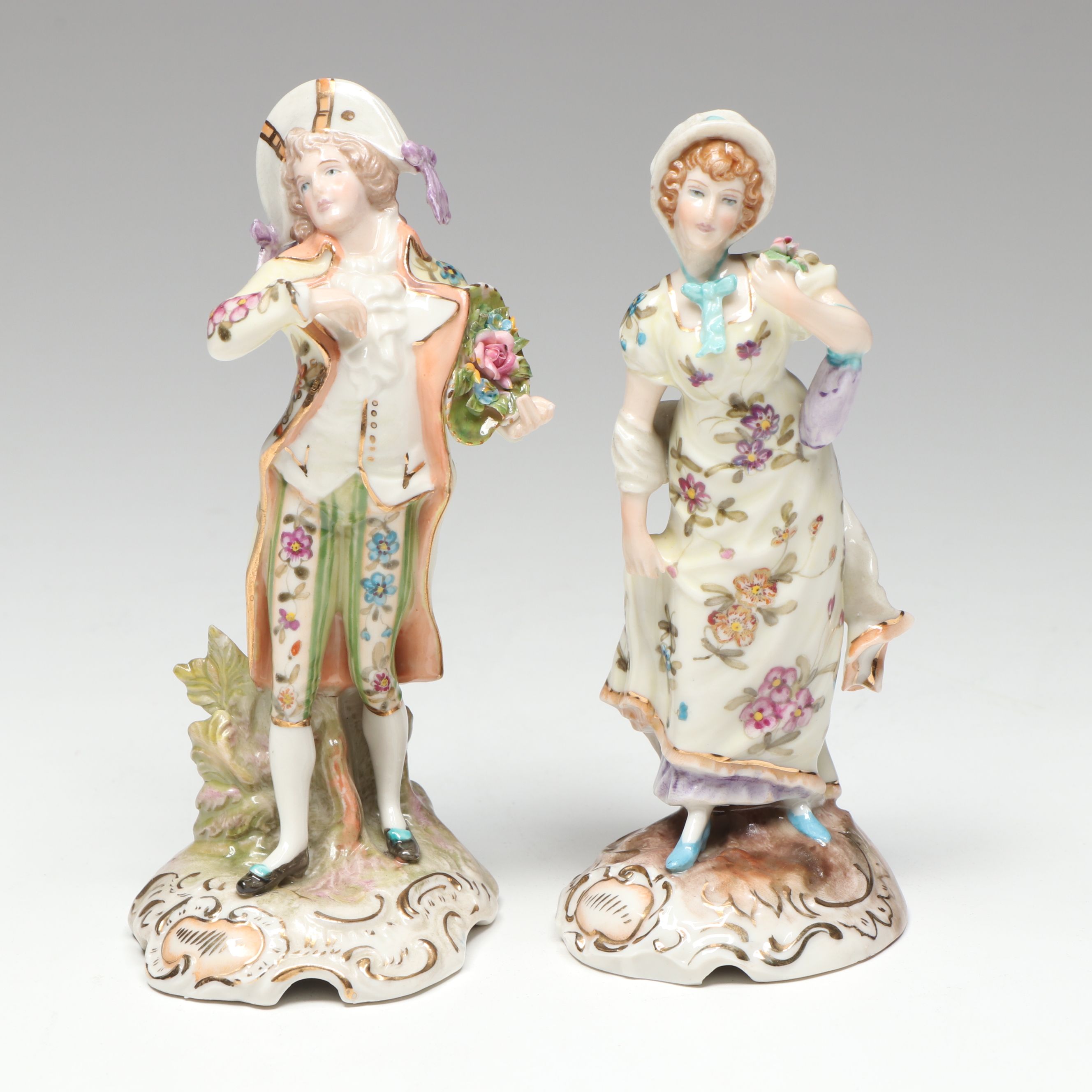 German Colonial Dressed Lady and Gentleman Porcelain Figures