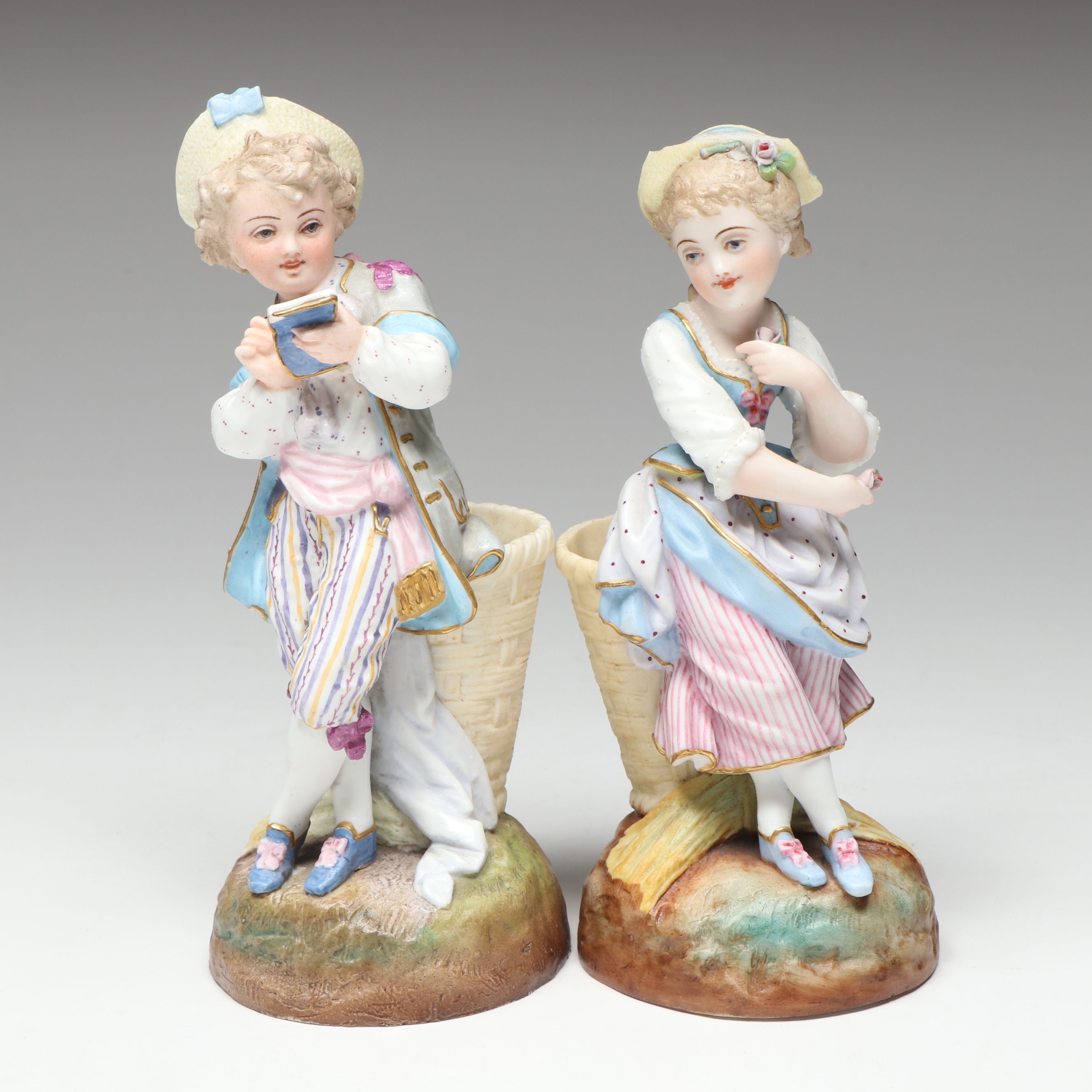 Meissen Girl and Boy with Baskets Bisque Porcelain Figures
