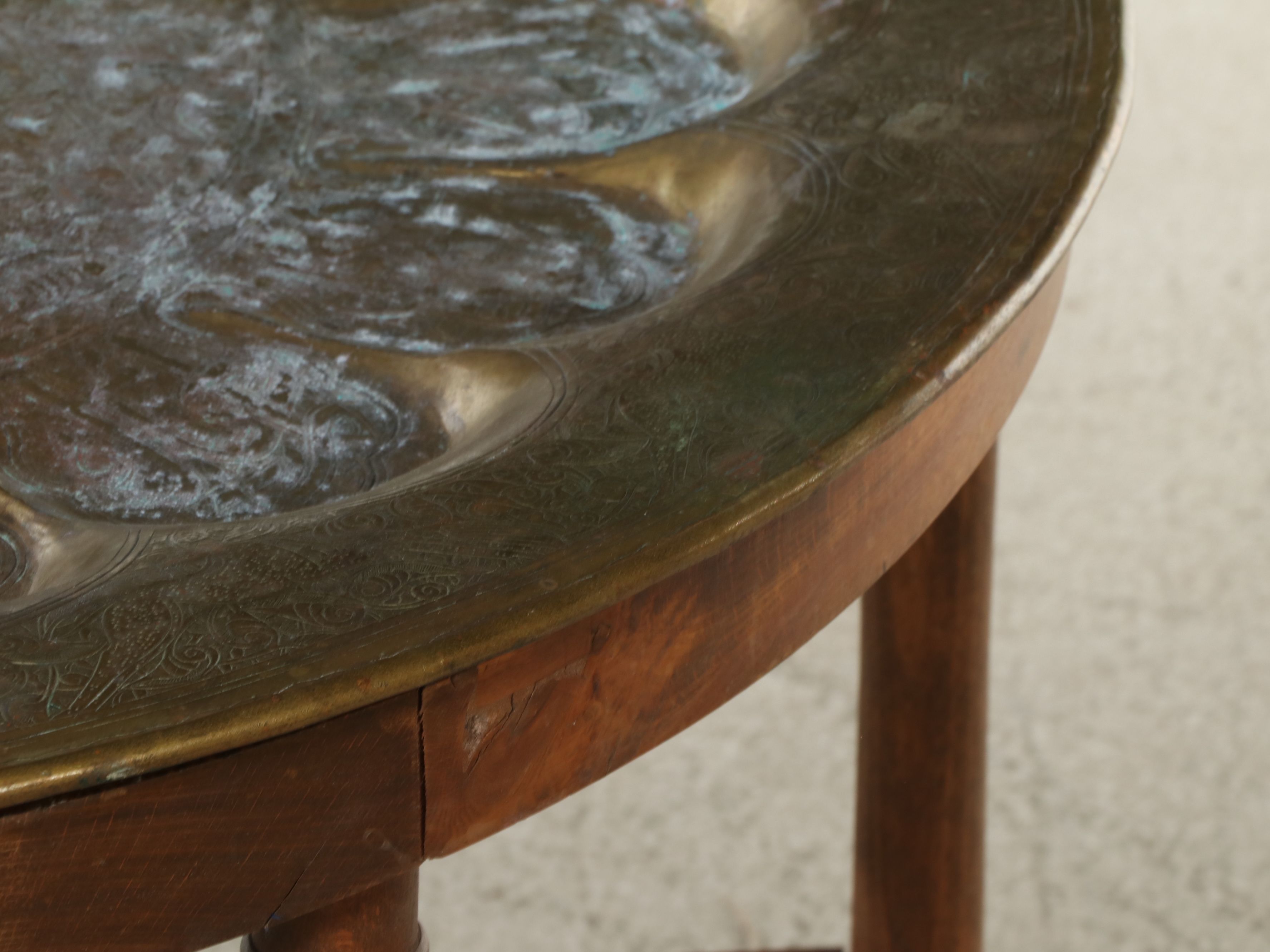 Moroccan Style Engraved Brass Tray Table on Beech Stand, 20th Century