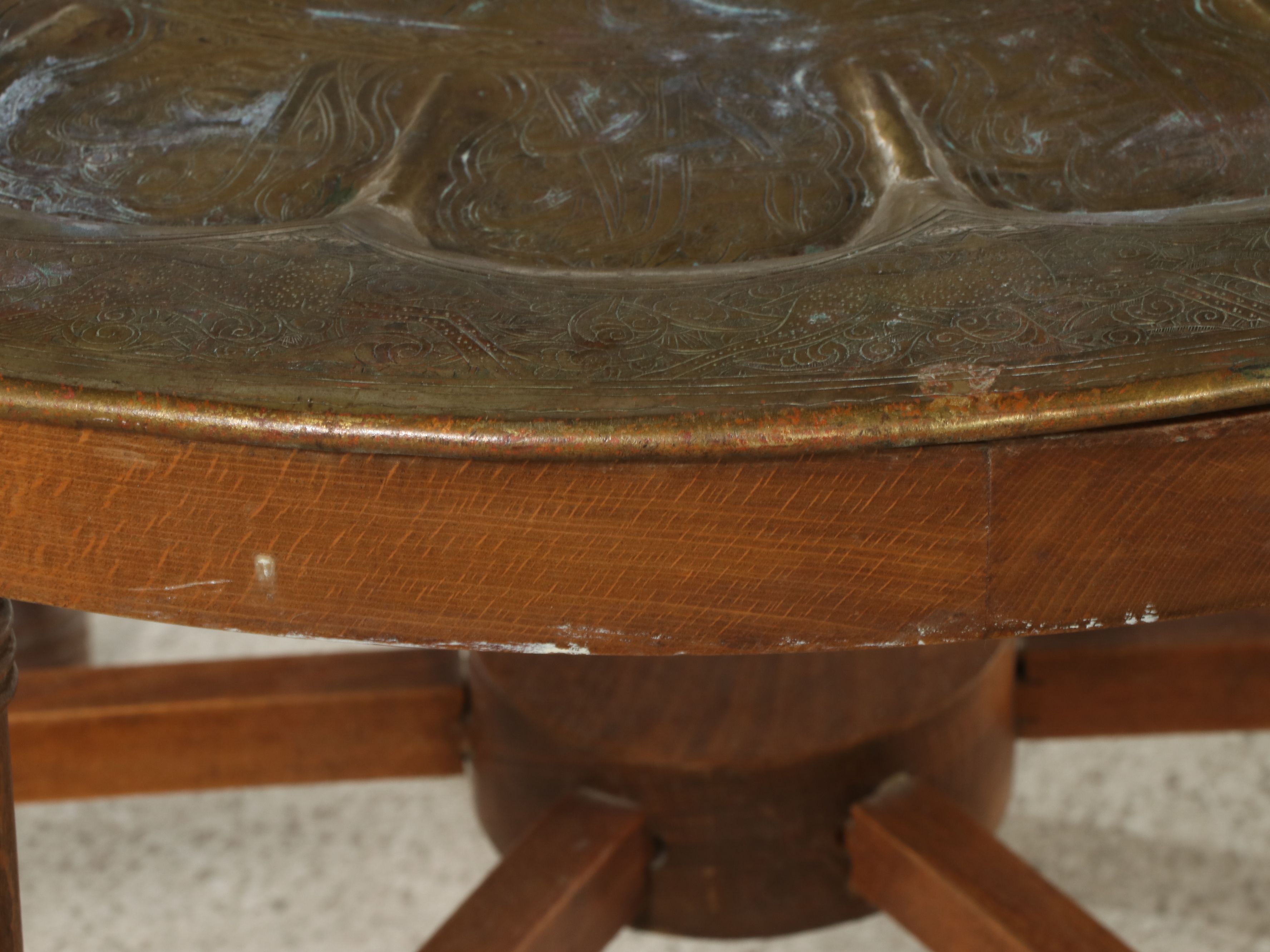 Moroccan Style Engraved Brass Tray Table on Beech Stand, 20th Century