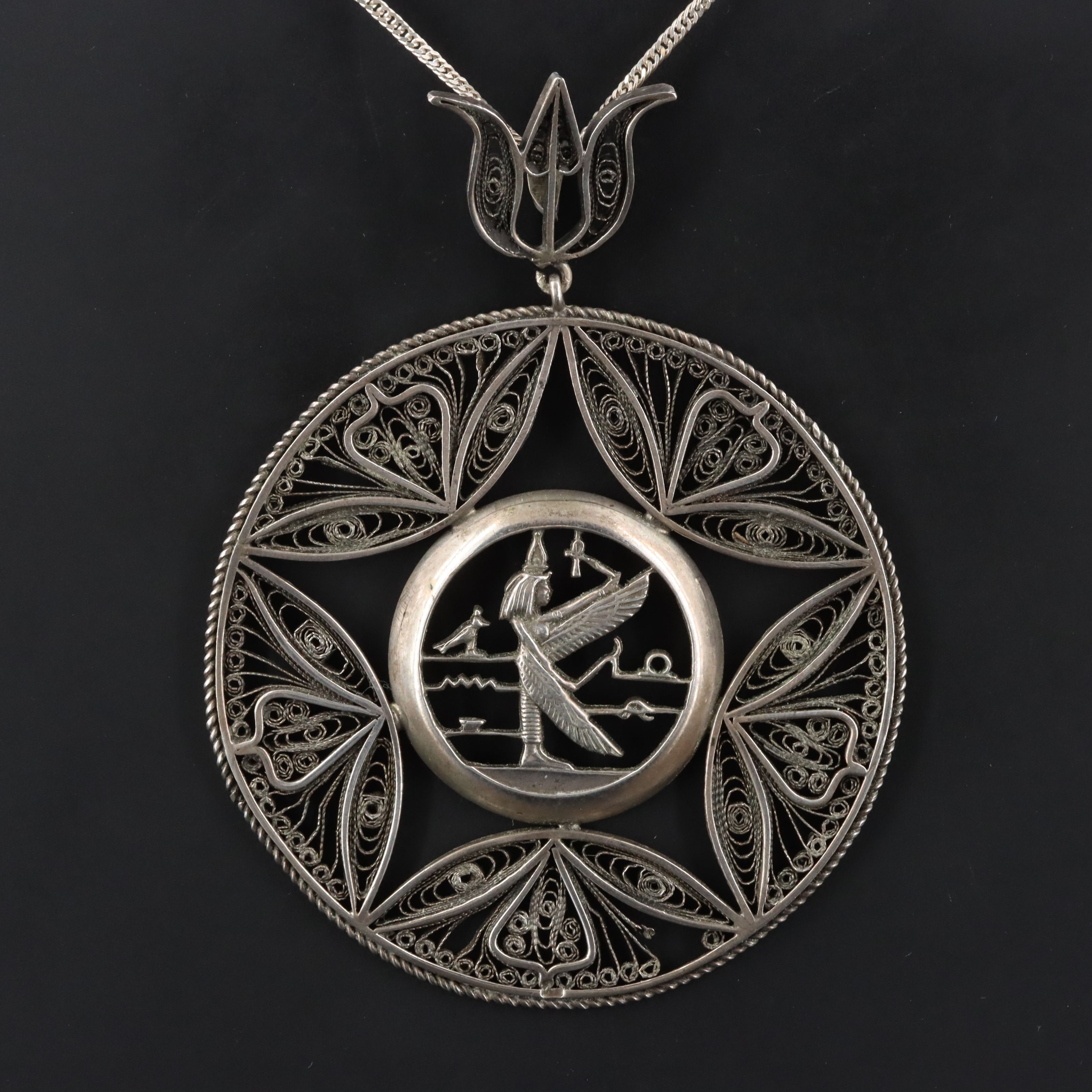 Egyptian 900 Silver Goddess Medallion Pendant with Sterling Chain
