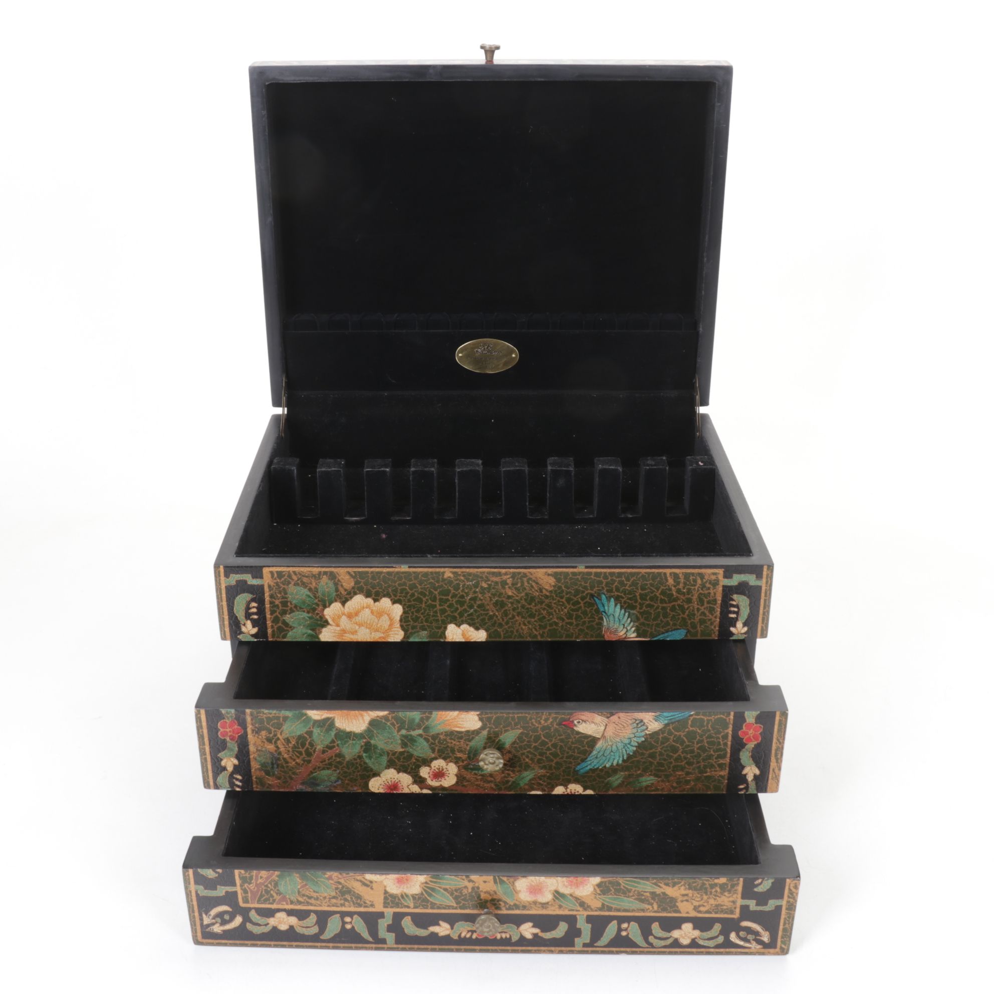 Oriental Accent Flatware Chest with Felt Lining