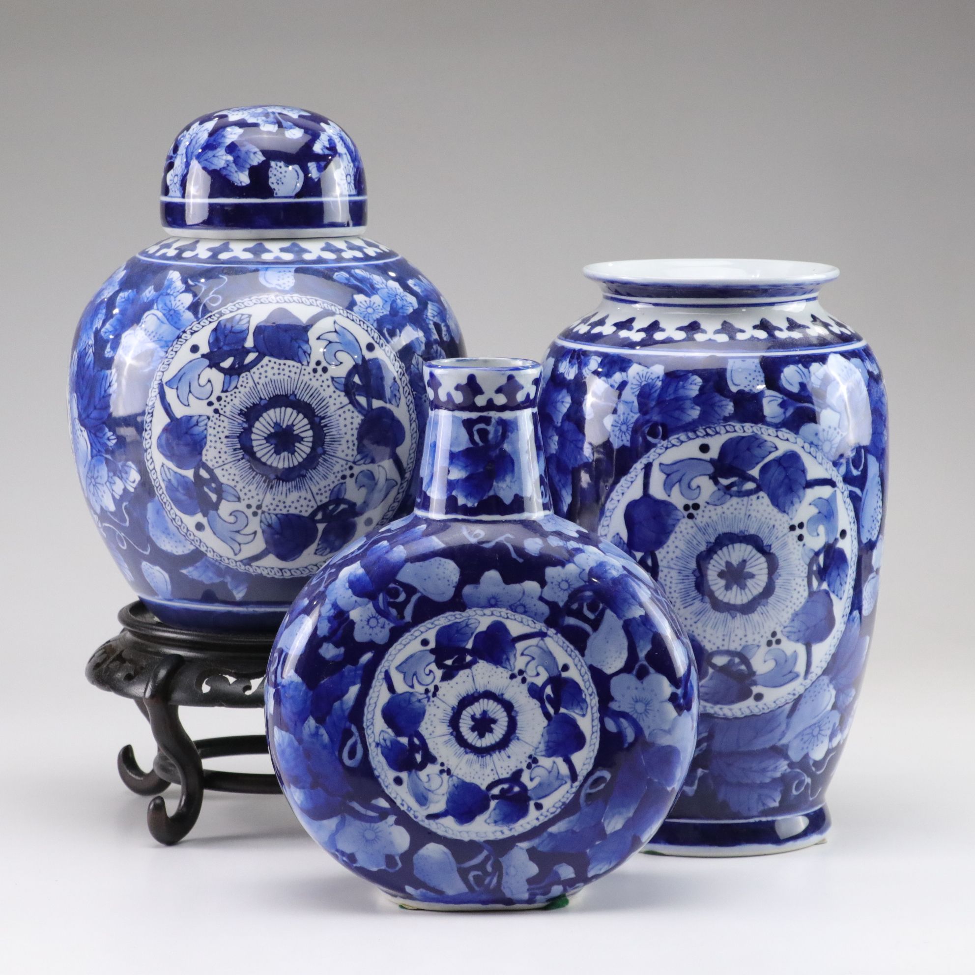 Chinese Blue and White Ceramic Ginger Jar and Two Vases
