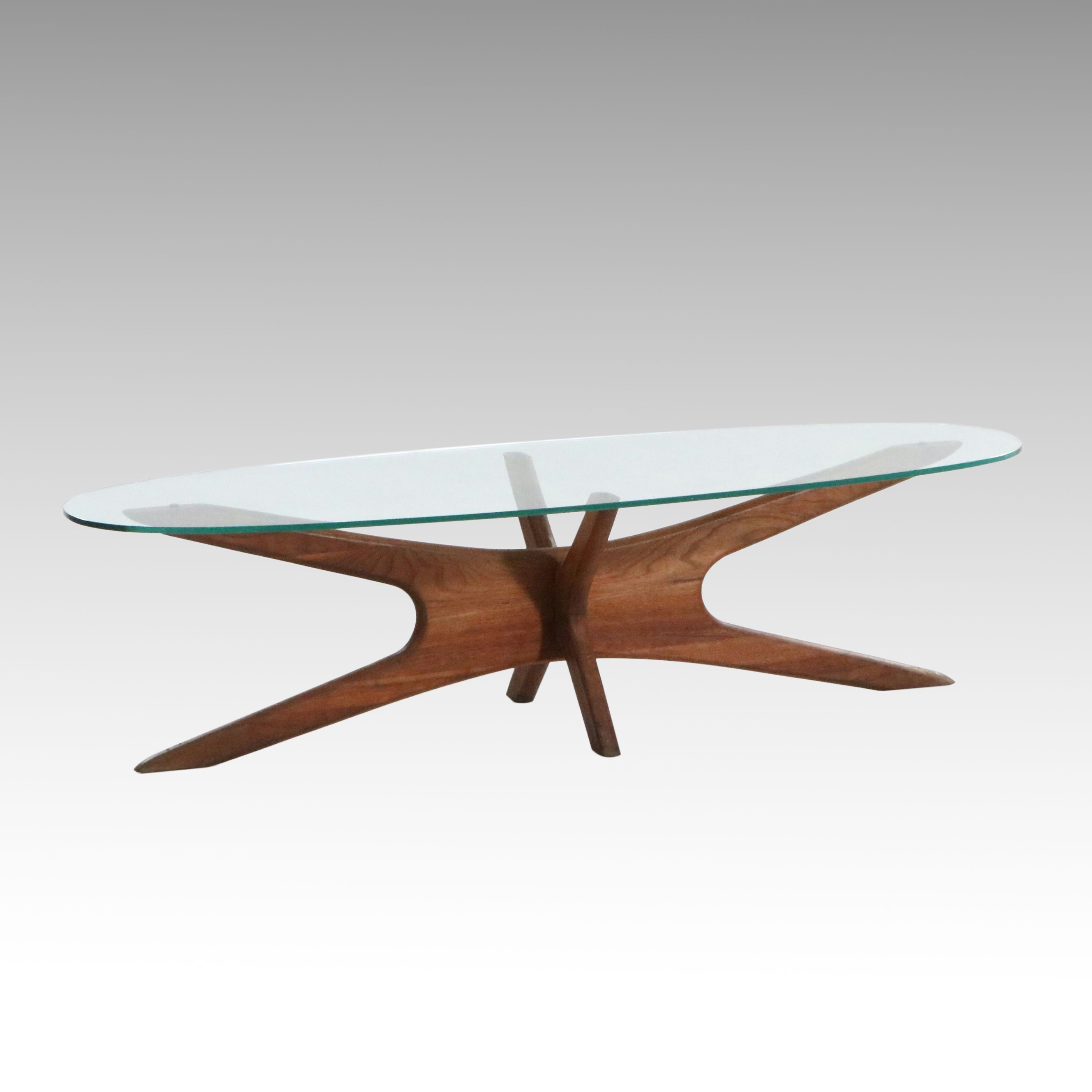 Danish Modern Elliptical Coffee Table with Glass Top