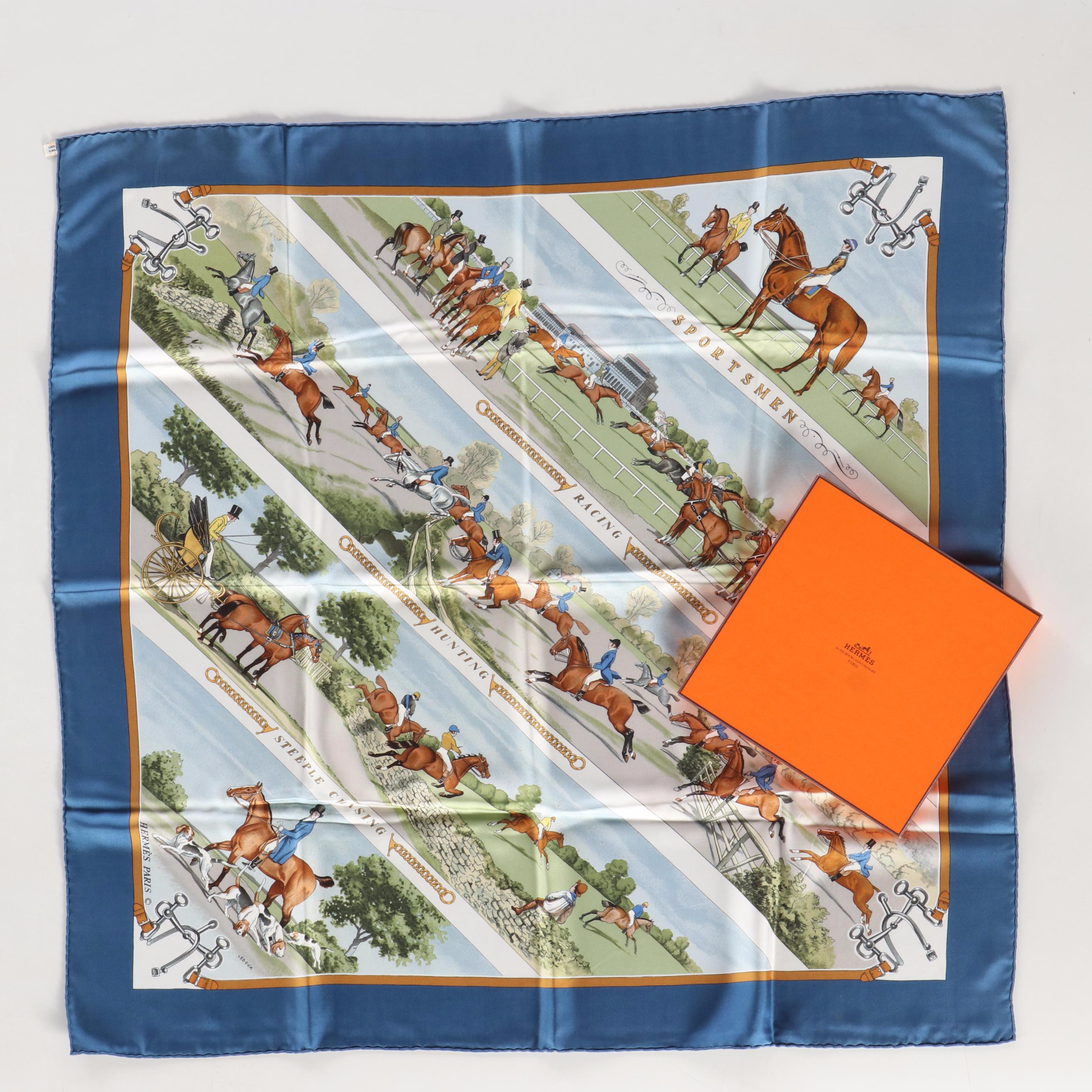 Hermès Early Issue "Sportsmen" Scarf 90 in Silk Twill with Gift Box