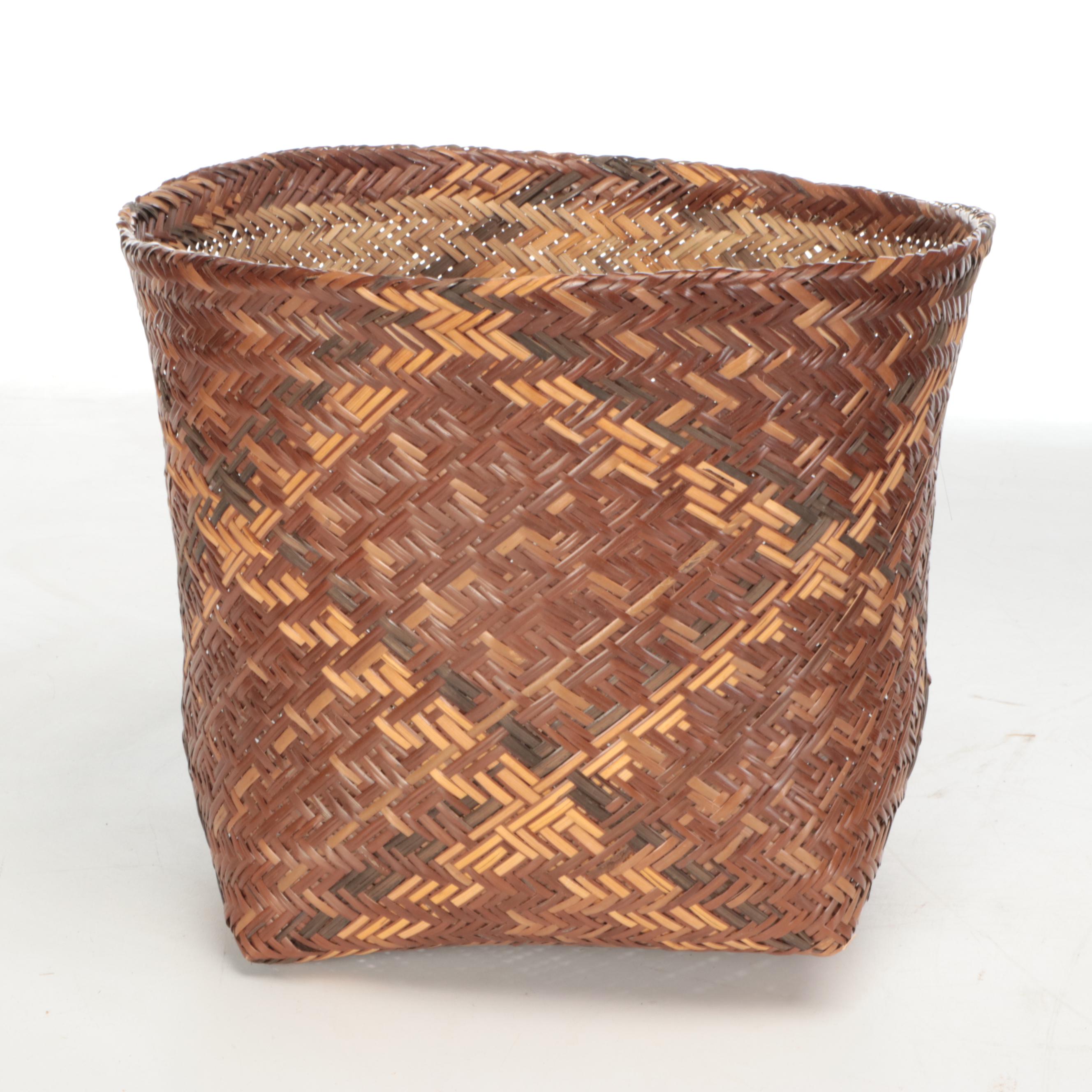 Panamanian Emberá-Wounaan Burden Basket with Scarf Straps and Other Vessel