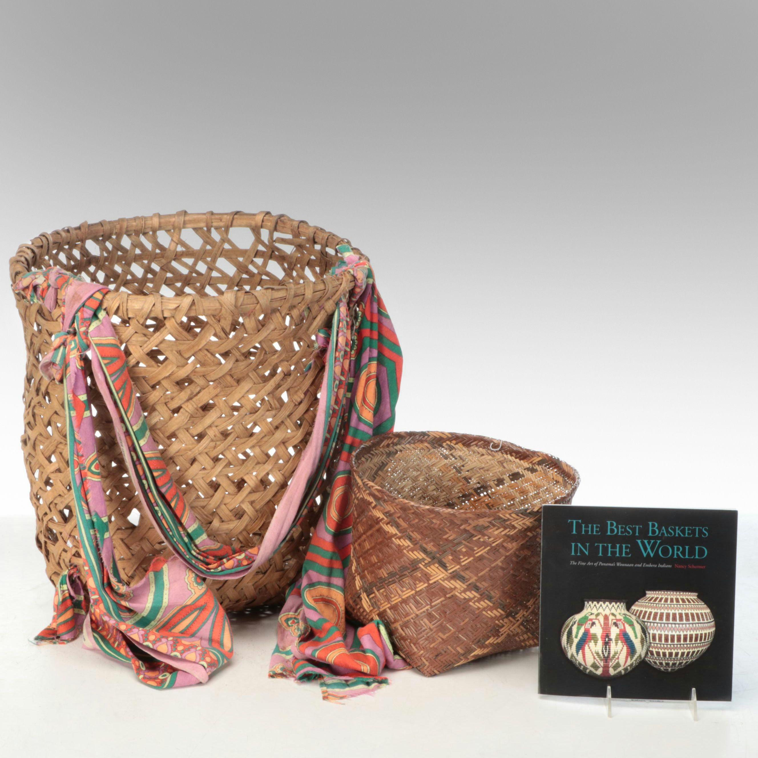 Panamanian Emberá-Wounaan Burden Basket with Scarf Straps and Other Vessel