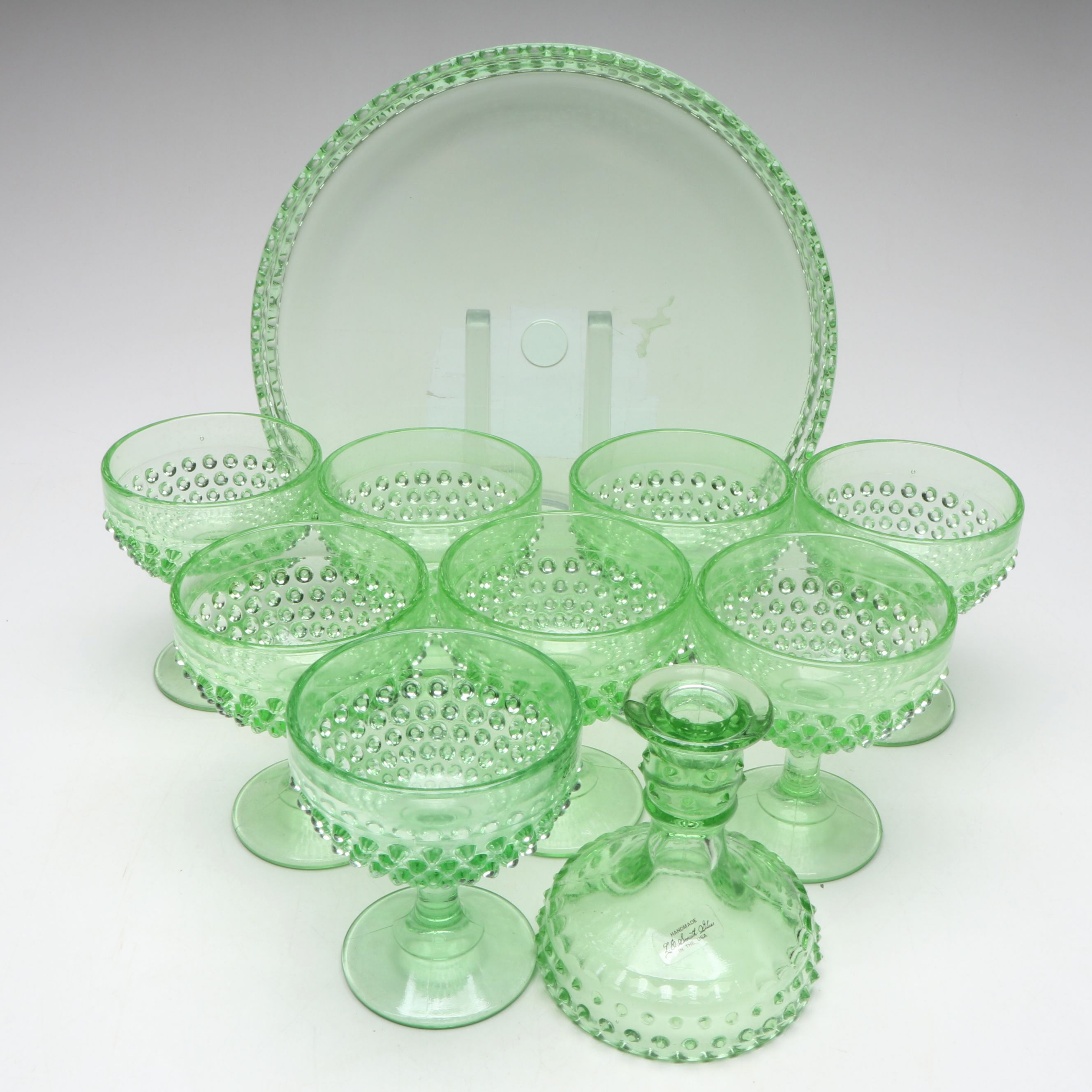 L. E. Smith Green Glass Round Tray with Low Sherbets and Champagne Coupe