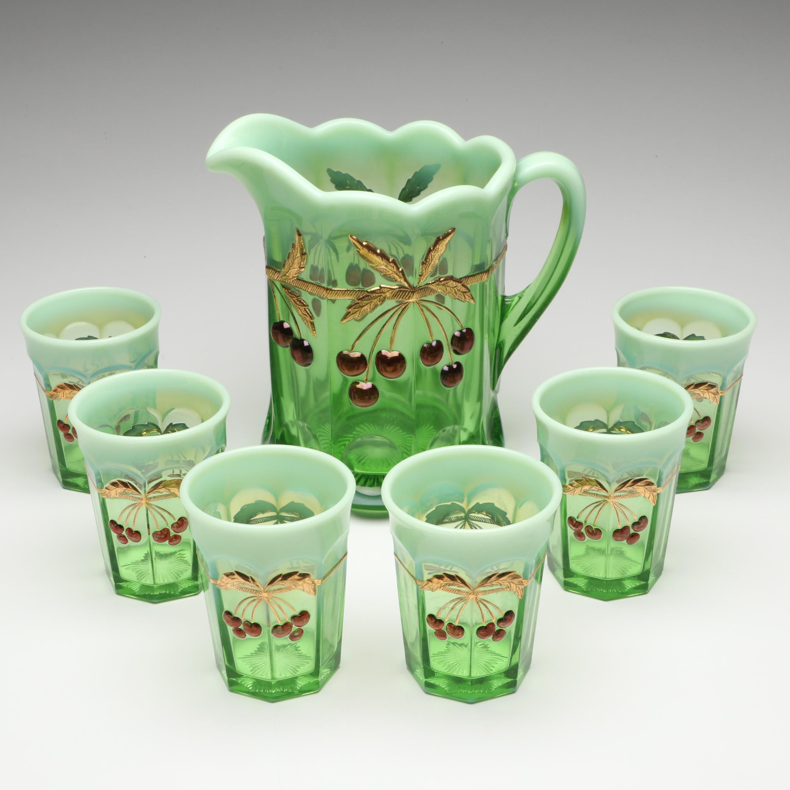 Mosser "Cherry Thumbprint" Green Opalescent Glass Pitcher and Tumblers