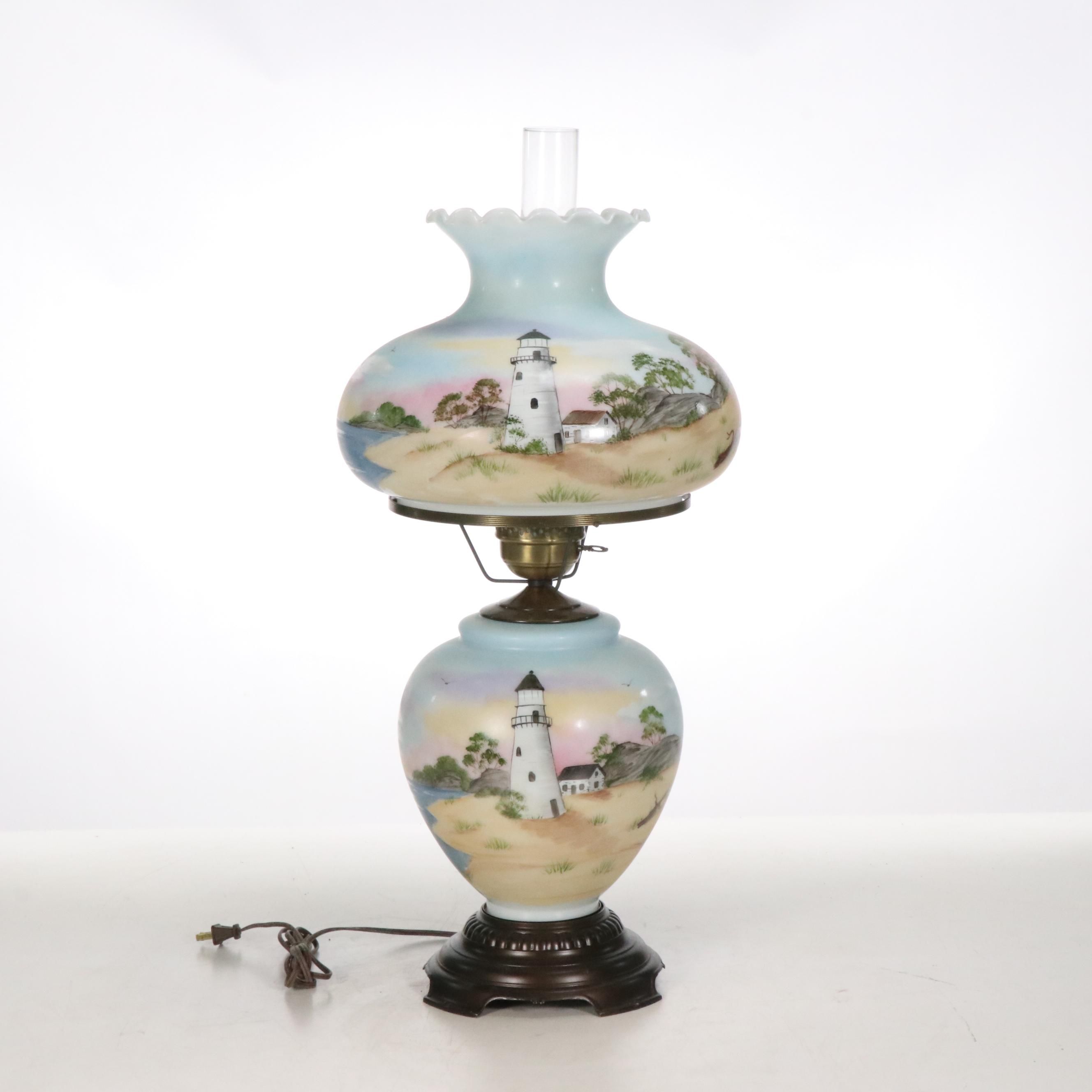 Karen Rogers Hand-Painted Coastal Landscape Glass Parlor Lamp