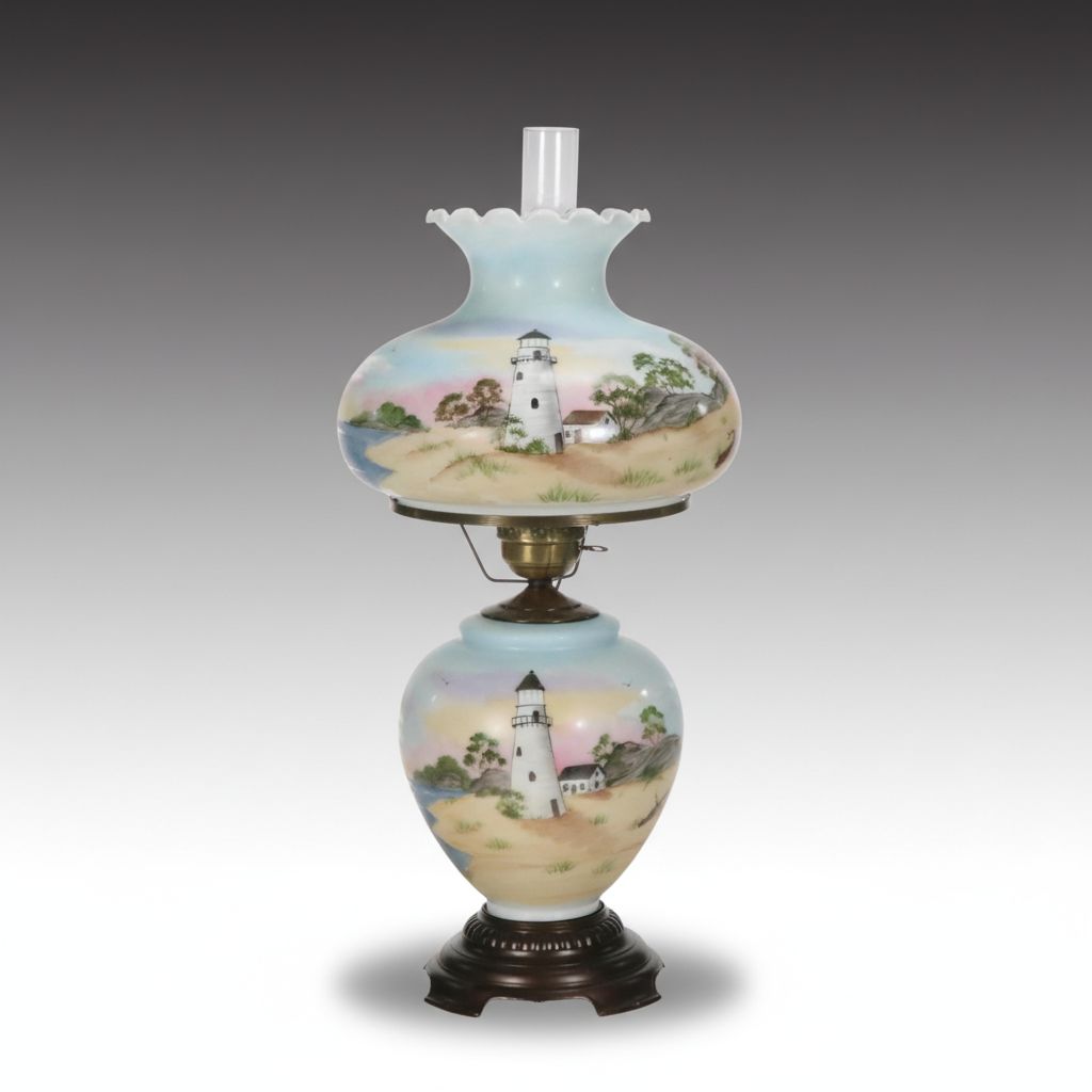 Karen Rogers Hand-Painted Coastal Landscape Glass Parlor Lamp