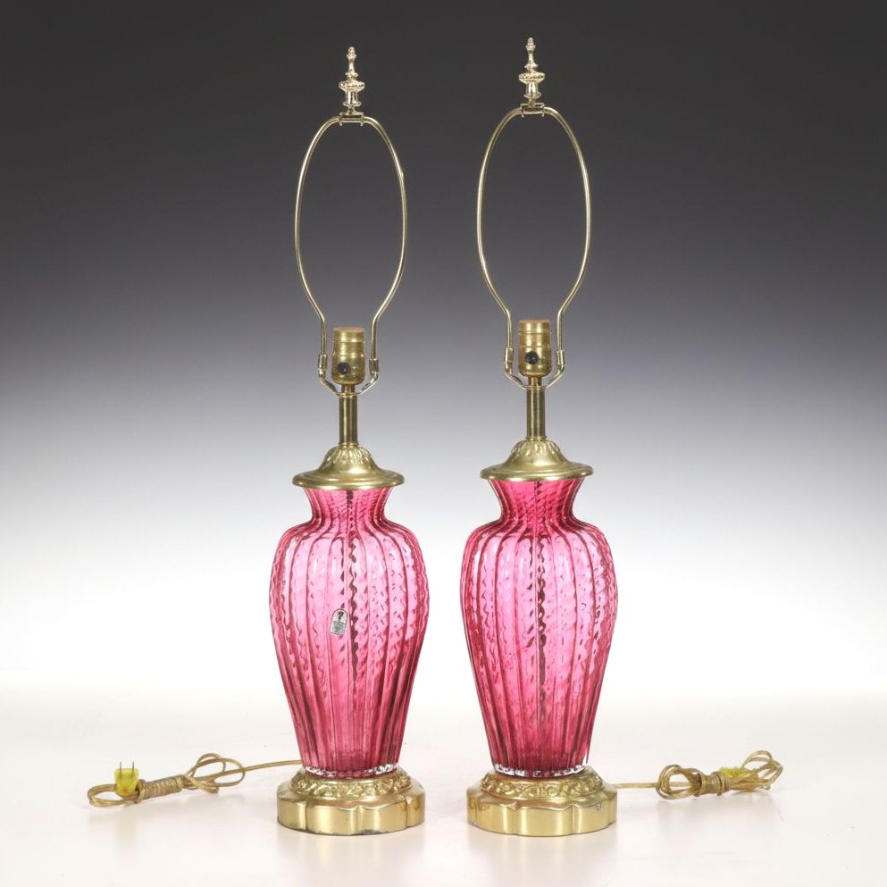 Pilgrim Glass Cranberry Ruffles Murano Style Glass Table Lamps