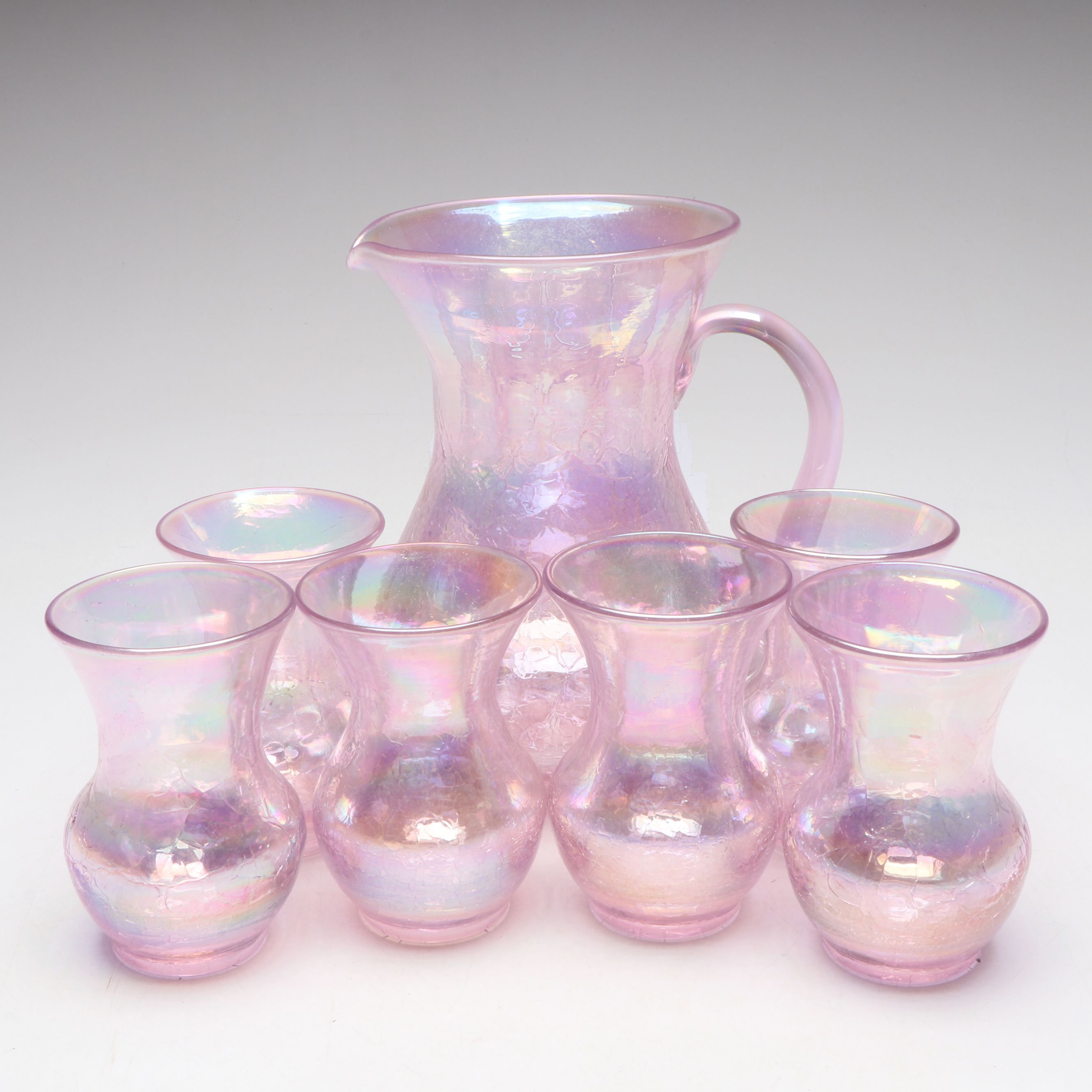 Gibson Glass Pink Iridescent Crackle Pitcher and Cups, 2001