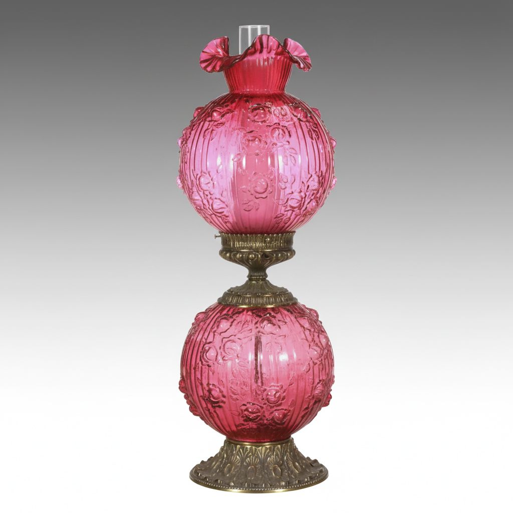 Fenton "Country Rose" Cranberry Glass Gone with the Wind Style Parlor Lamp