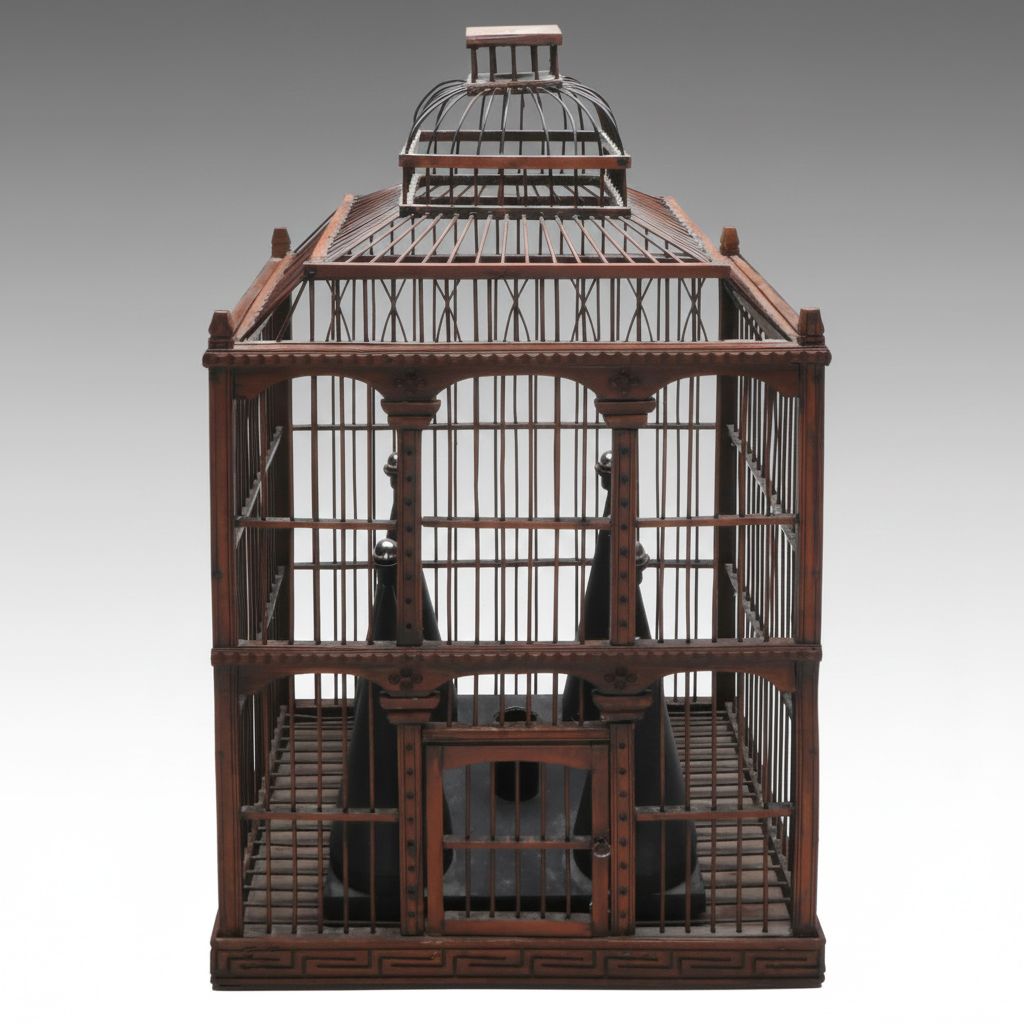 Wooden Birdcage with Interior Plastic Conical Shapes