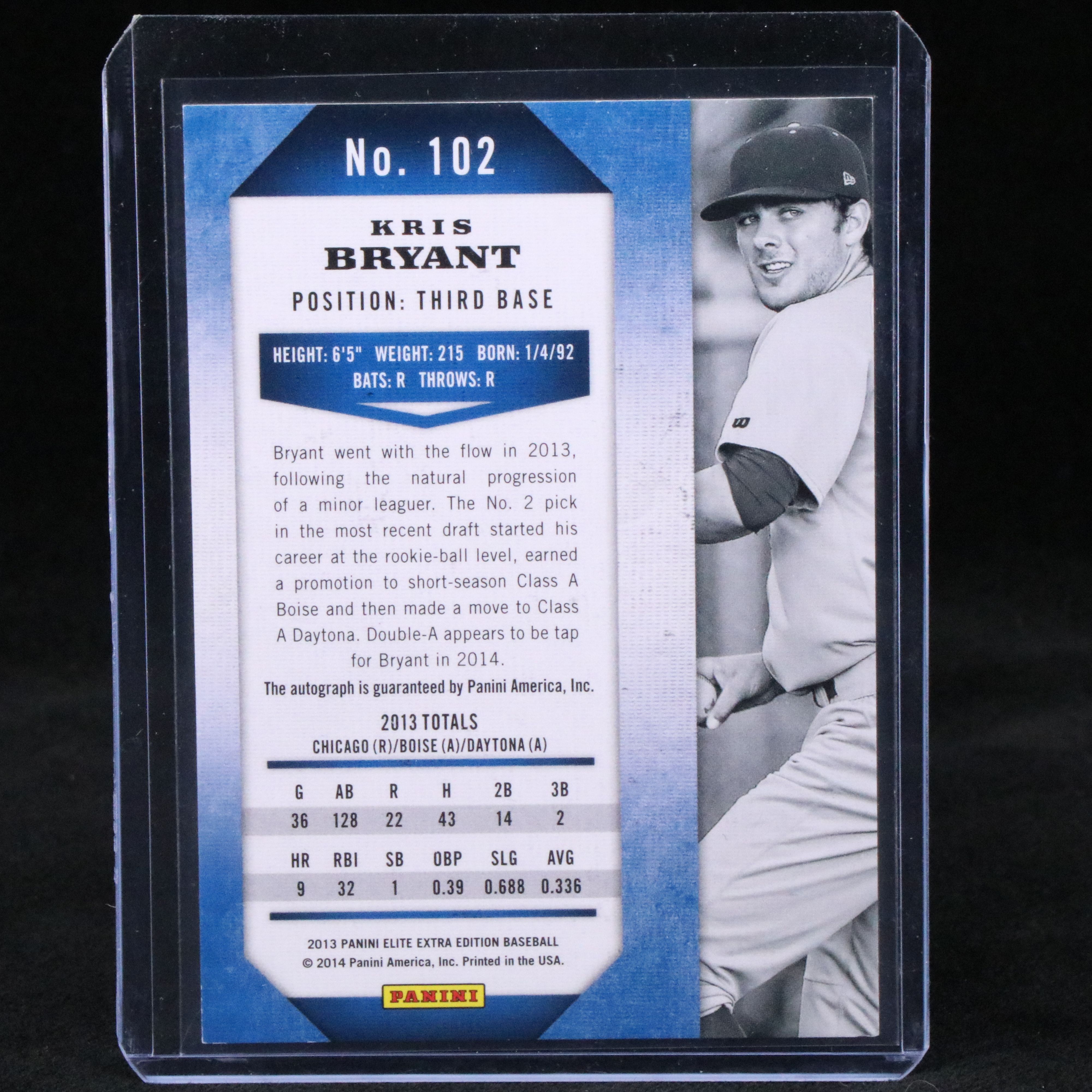 2013 Elite Kris Bryant Signed Chicago Cubs Baseball Card No. 228/324