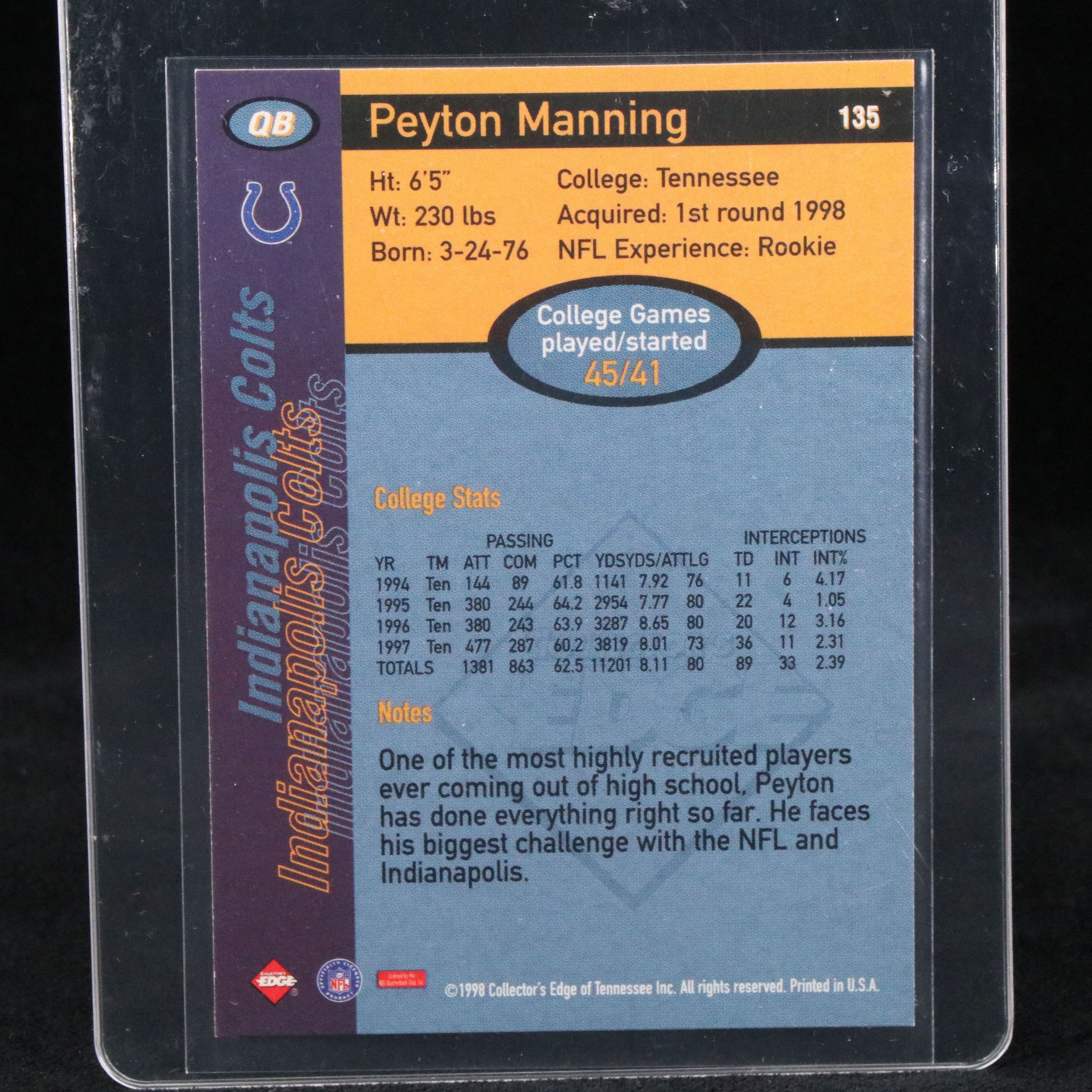 1998 Collector’s Edge 1st Place Peyton Manning Rookie Football Card