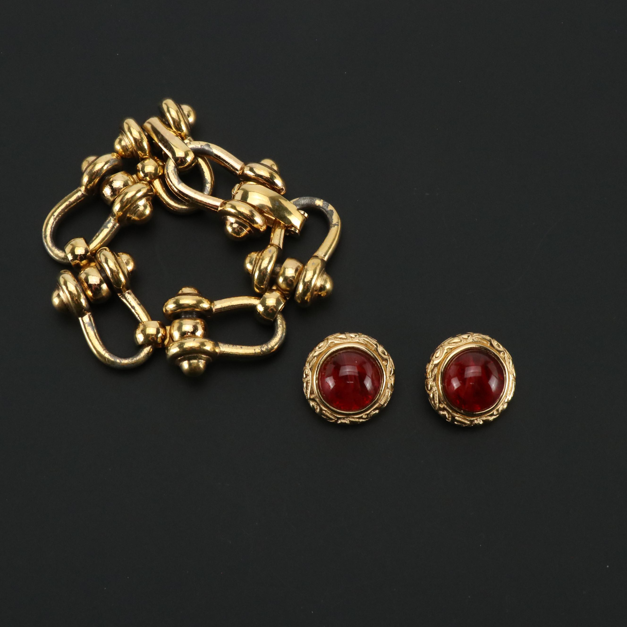 Christian Dior Vintage Horsebit Link Bracelet, Clip Earrings, Printed Silk Scarf