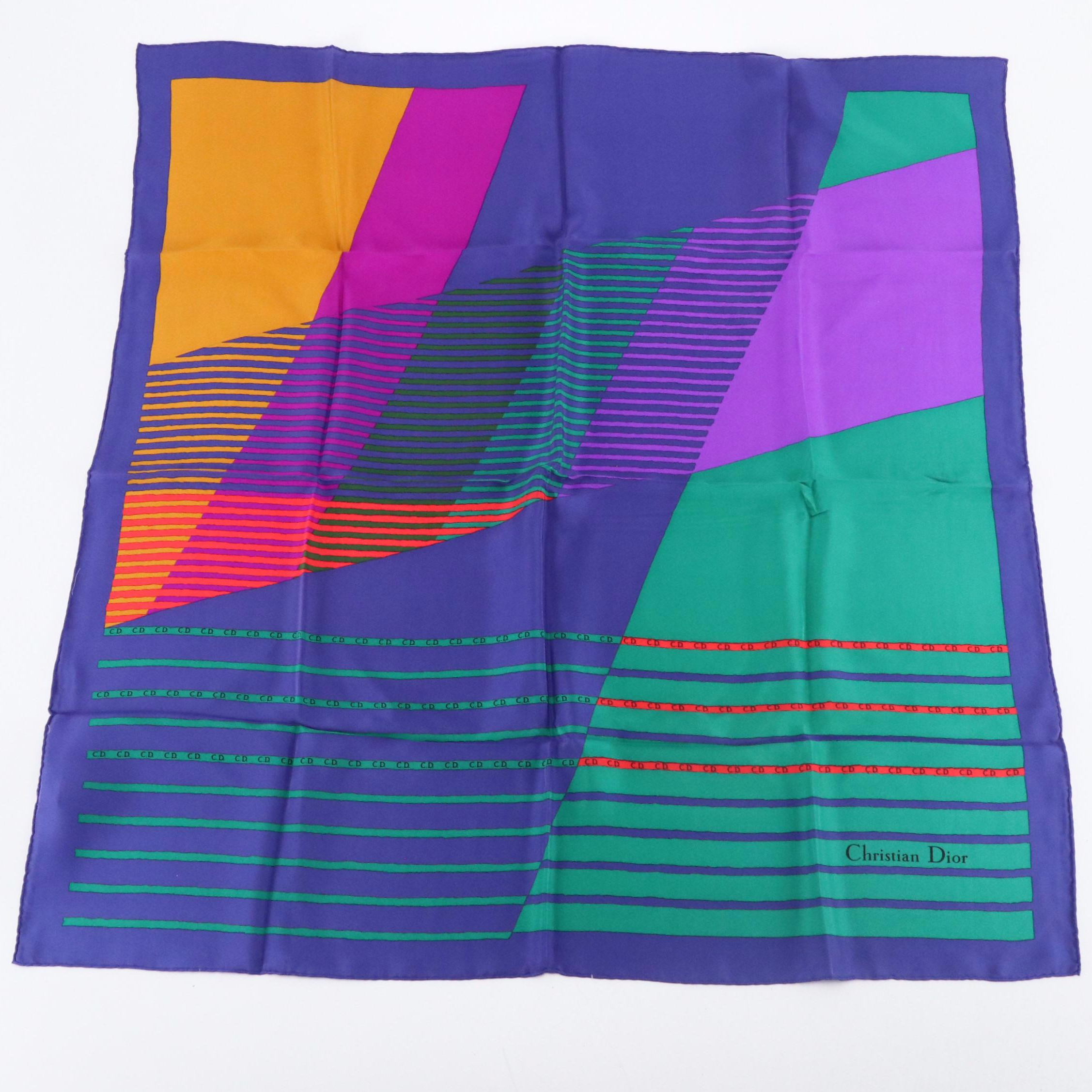 Christian Dior Vintage Horsebit Link Bracelet, Clip Earrings, Printed Silk Scarf