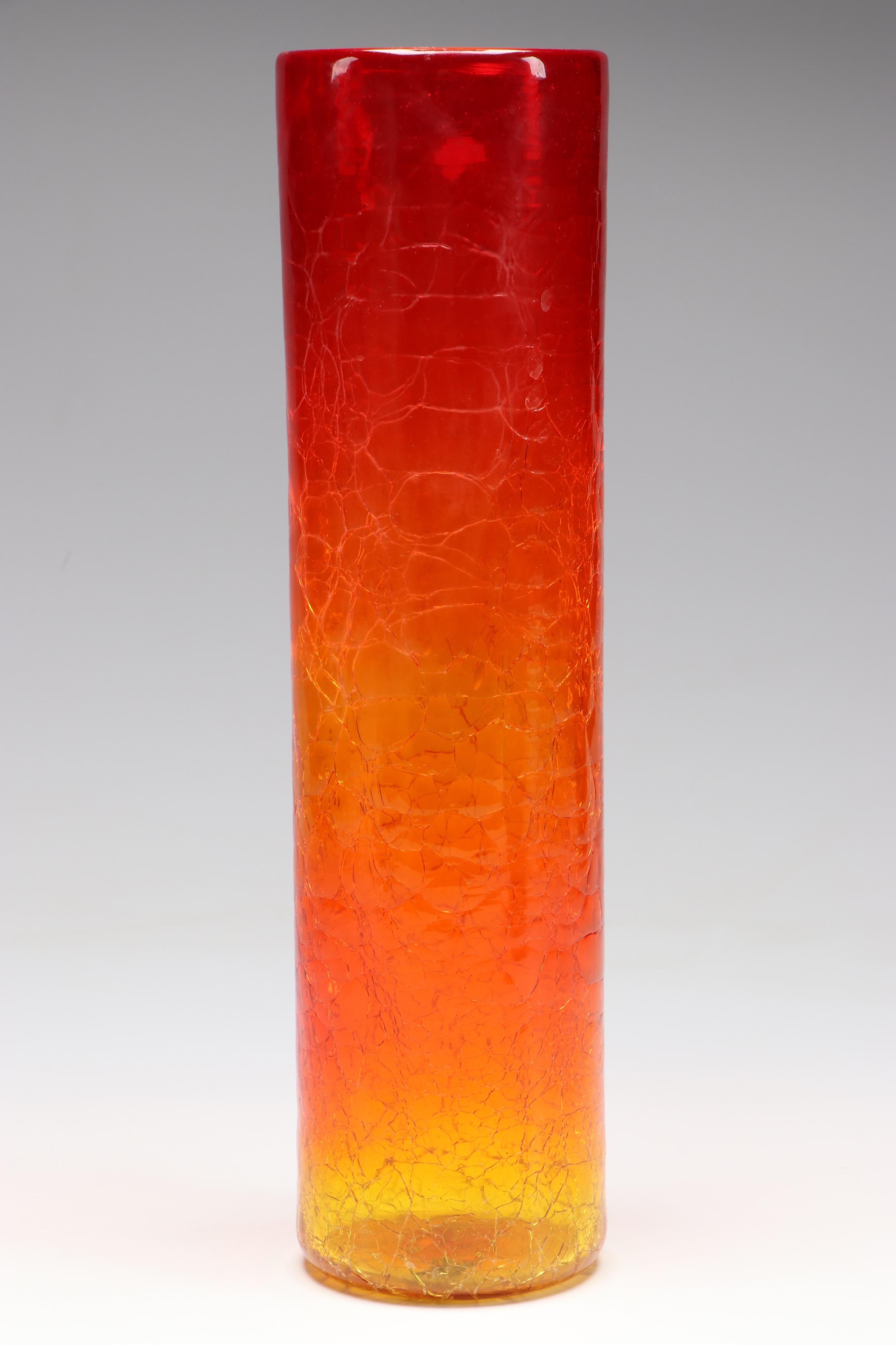 Blenko Mid Century Modern Amberina Crackle Glass Vase