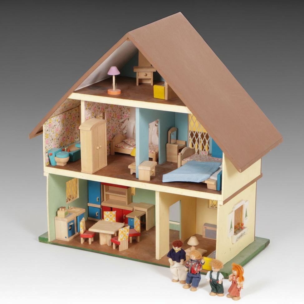 Swiss Chalet Style Dollhouse with Furniture and Wooden Poseable Dolls