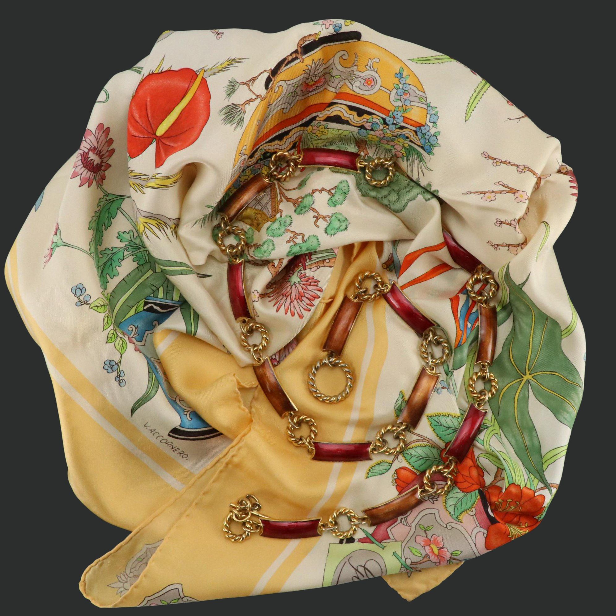 Gucci Vintage Floral Bouquet Silk Twill Scarf and Enamel Chain-Link Belt