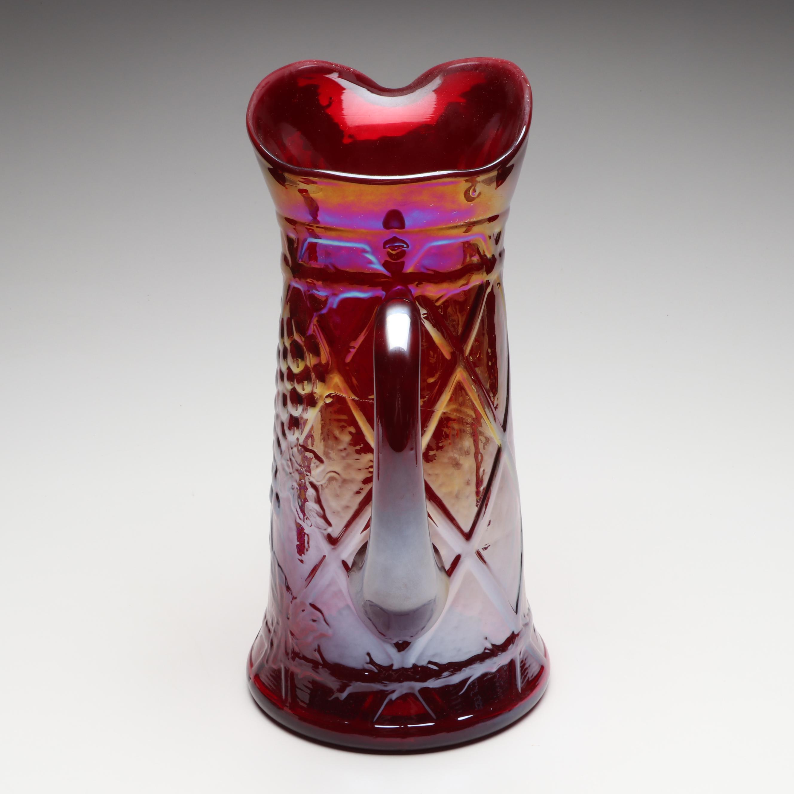 Gibson Cranberry Carnival Glass Pitcher and Tumblers