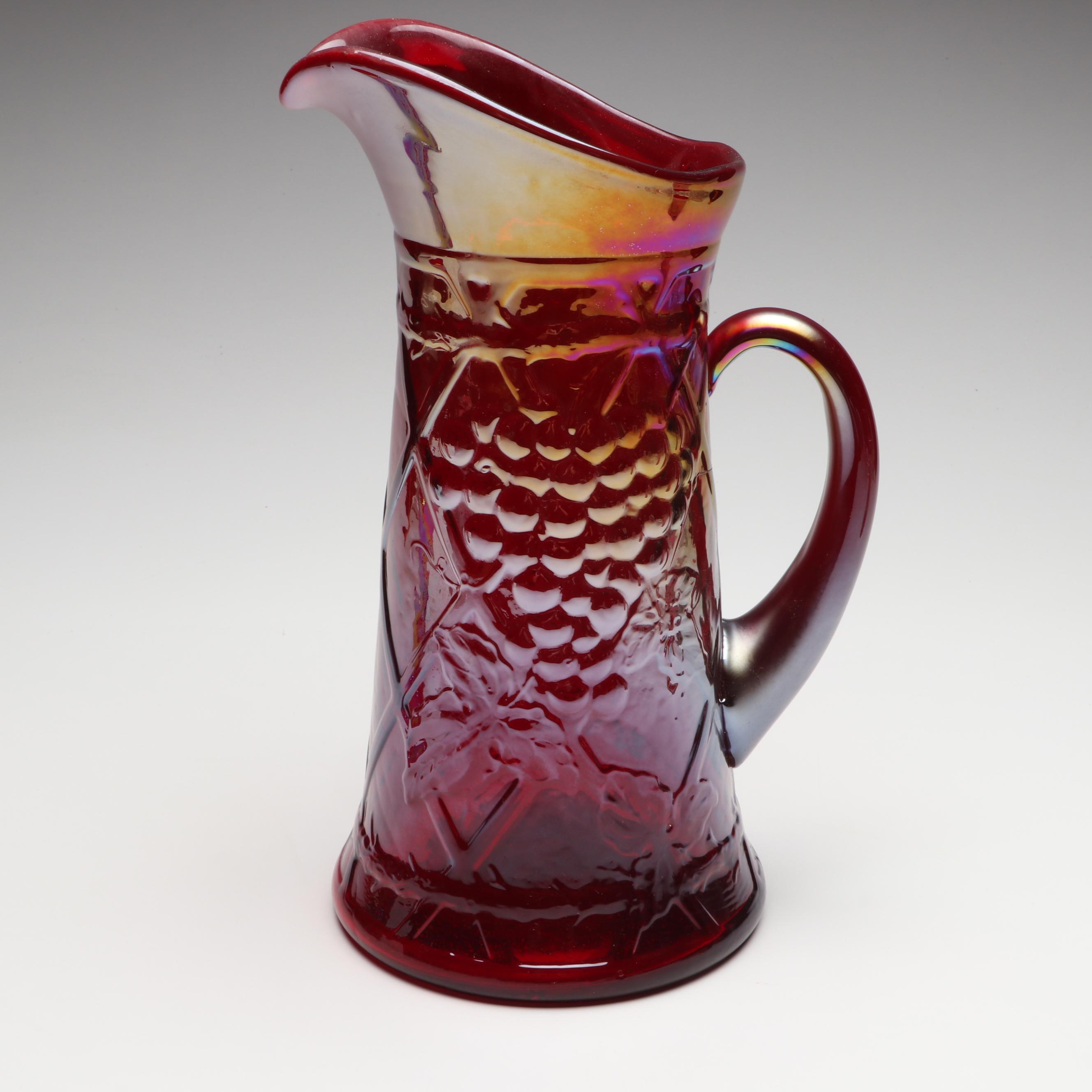 Gibson Cranberry Carnival Glass Pitcher and Tumblers