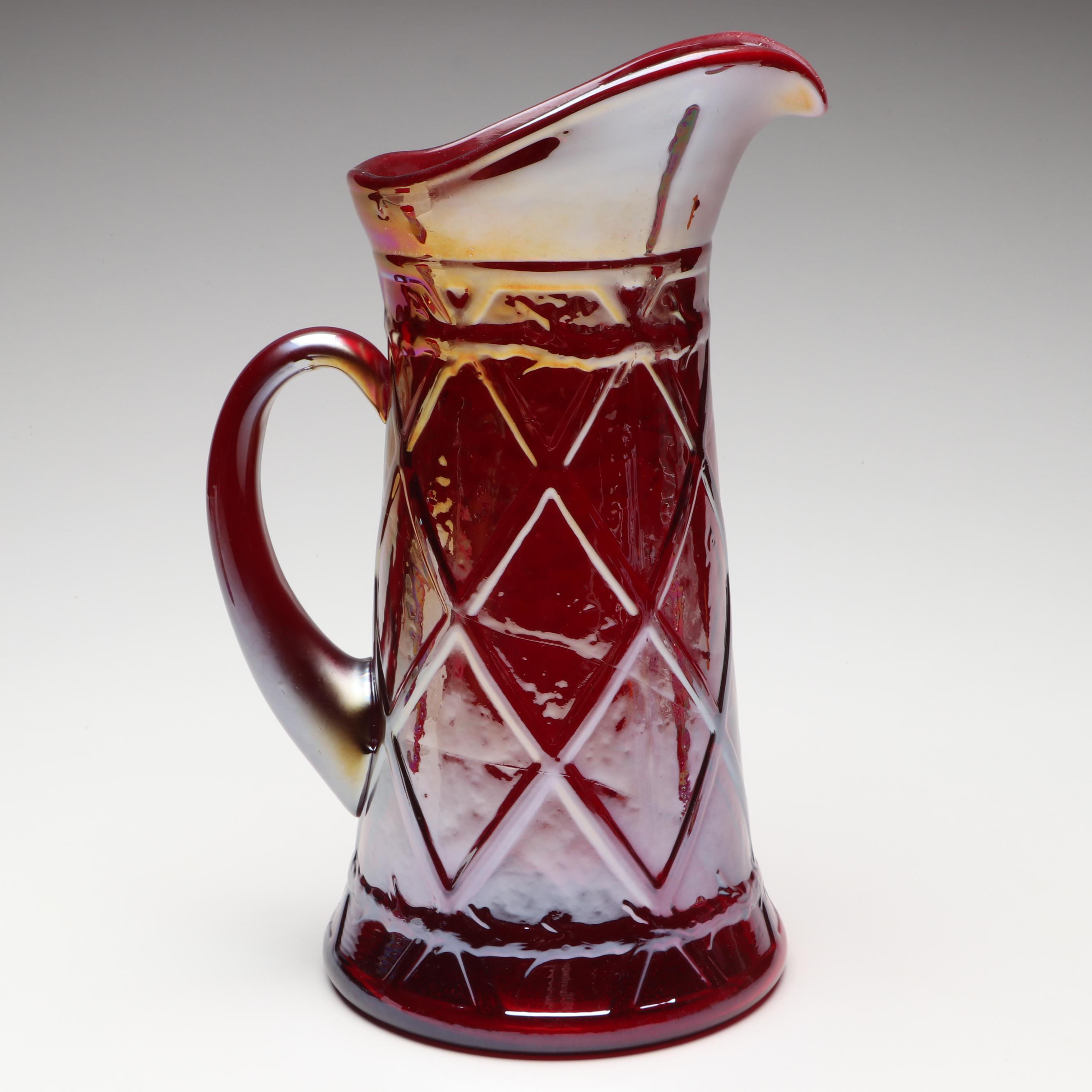 Gibson Cranberry Carnival Glass Pitcher and Tumblers