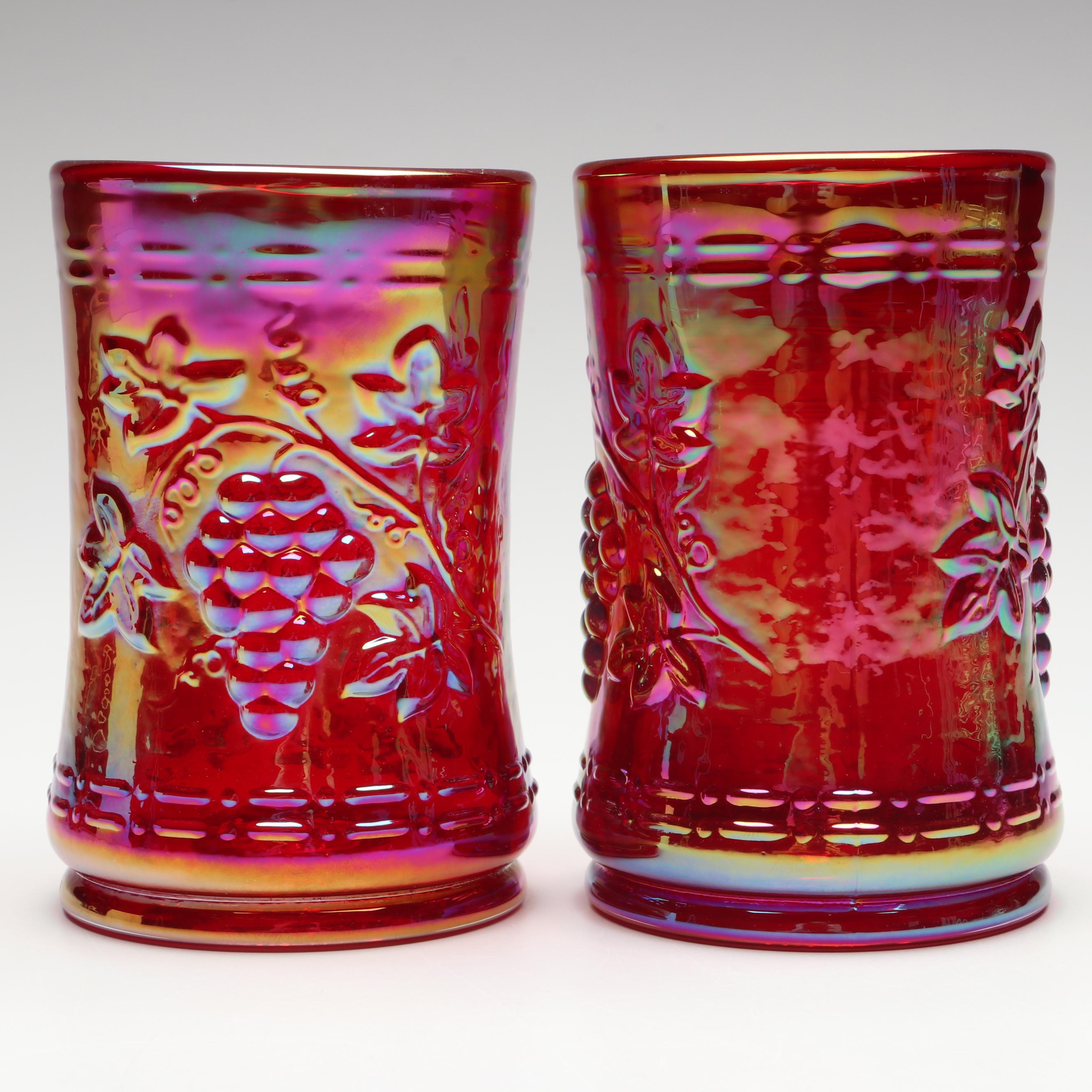 Gibson Cranberry Carnival Glass Pitcher and Tumblers