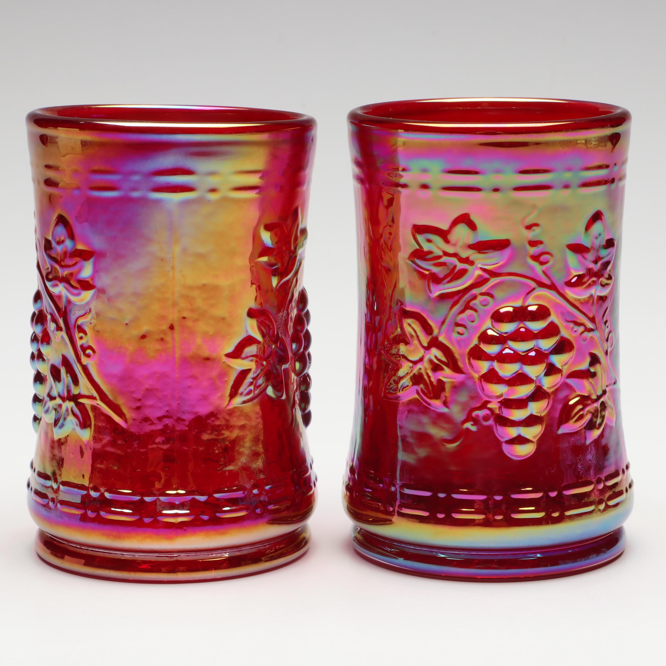 Gibson Cranberry Carnival Glass Pitcher and Tumblers