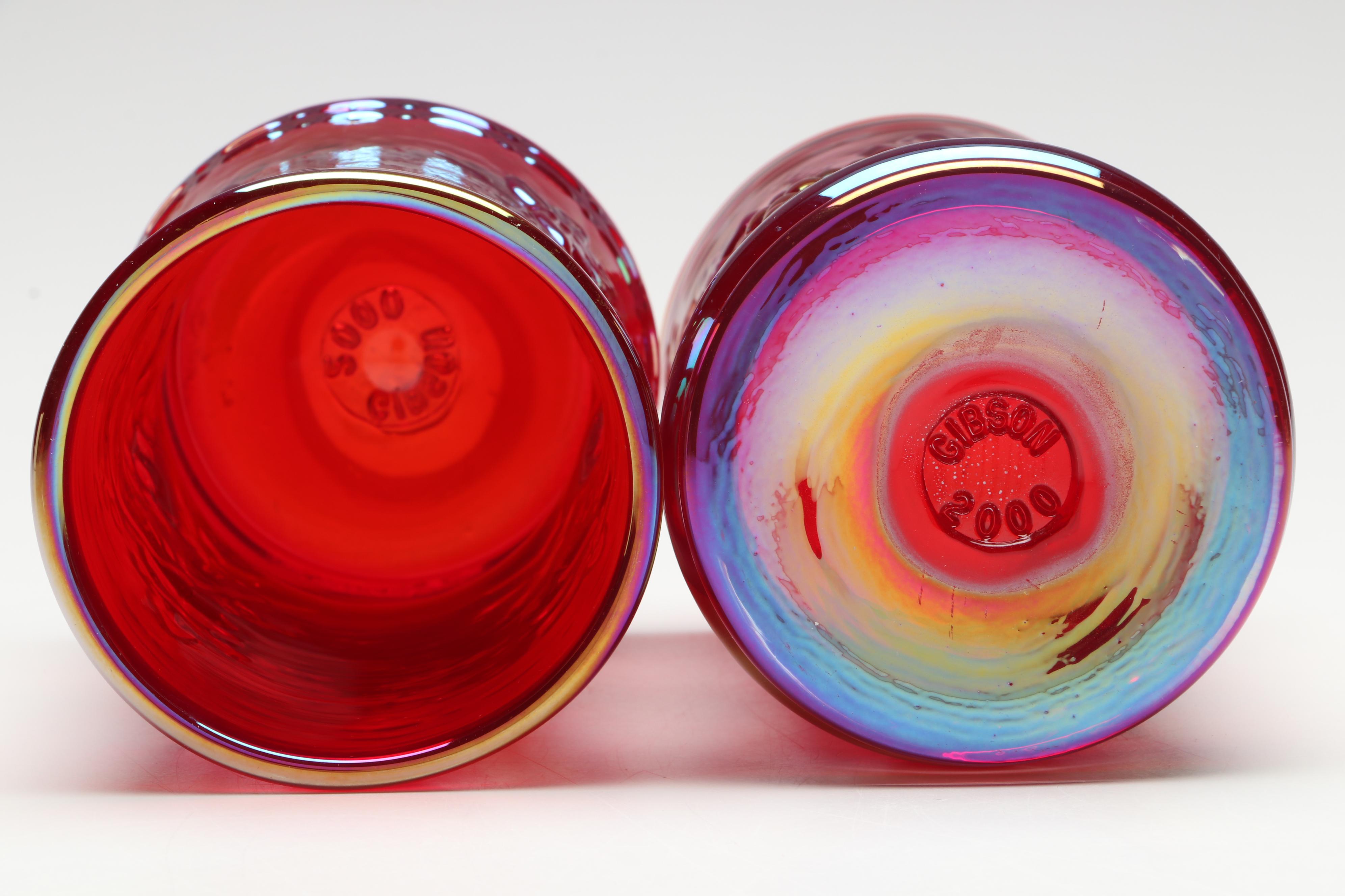 Gibson Cranberry Carnival Glass Pitcher and Tumblers