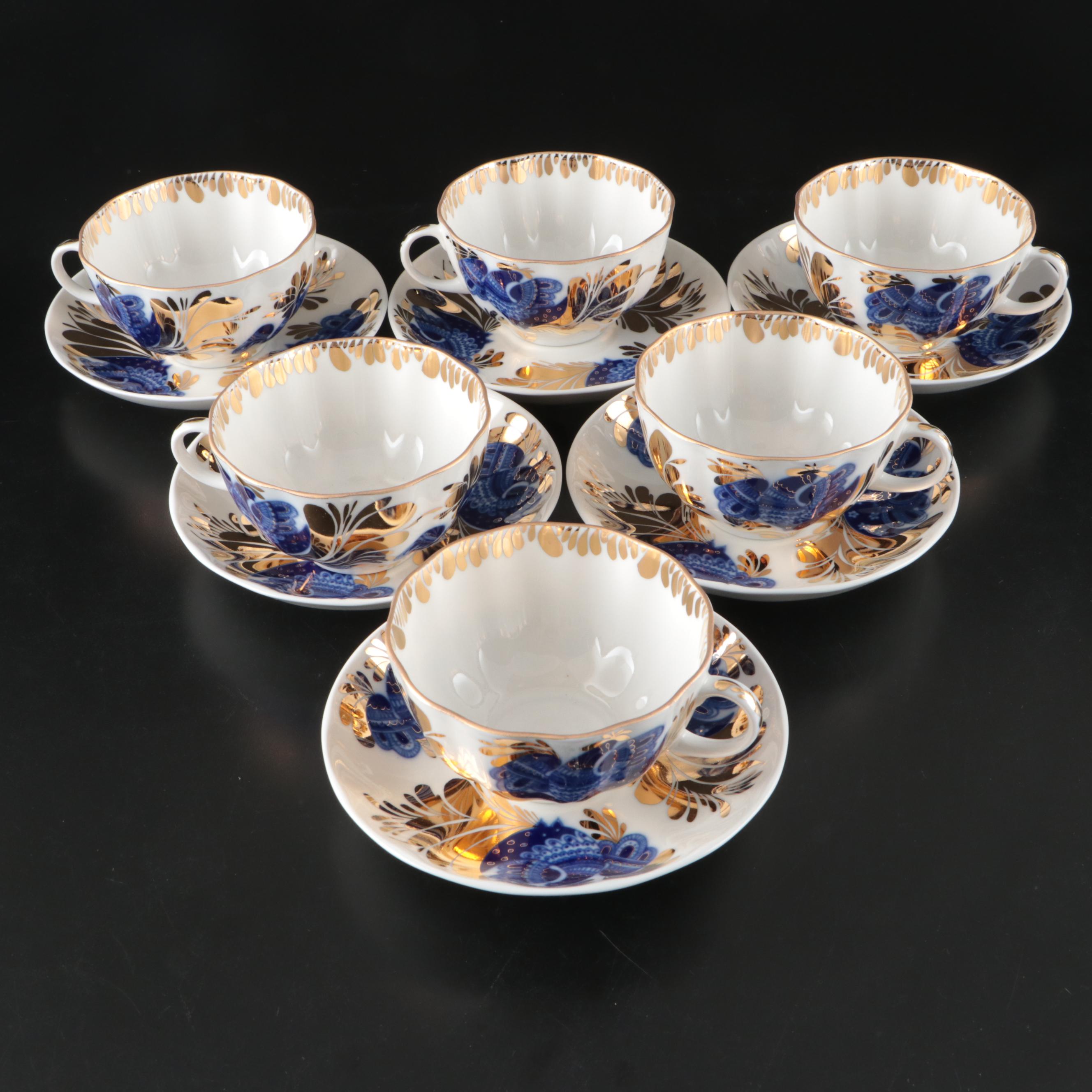 Lomonosov "Golden Garden" Russian Gilt Blue and White Porcelain Tableware