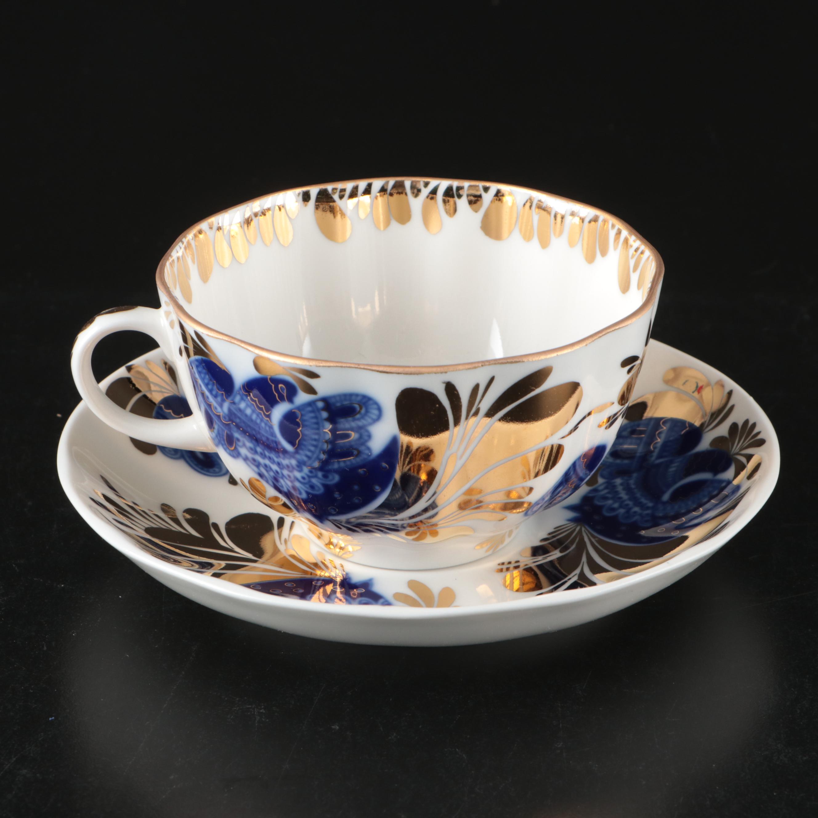 Lomonosov "Golden Garden" Russian Gilt Blue and White Porcelain Tableware