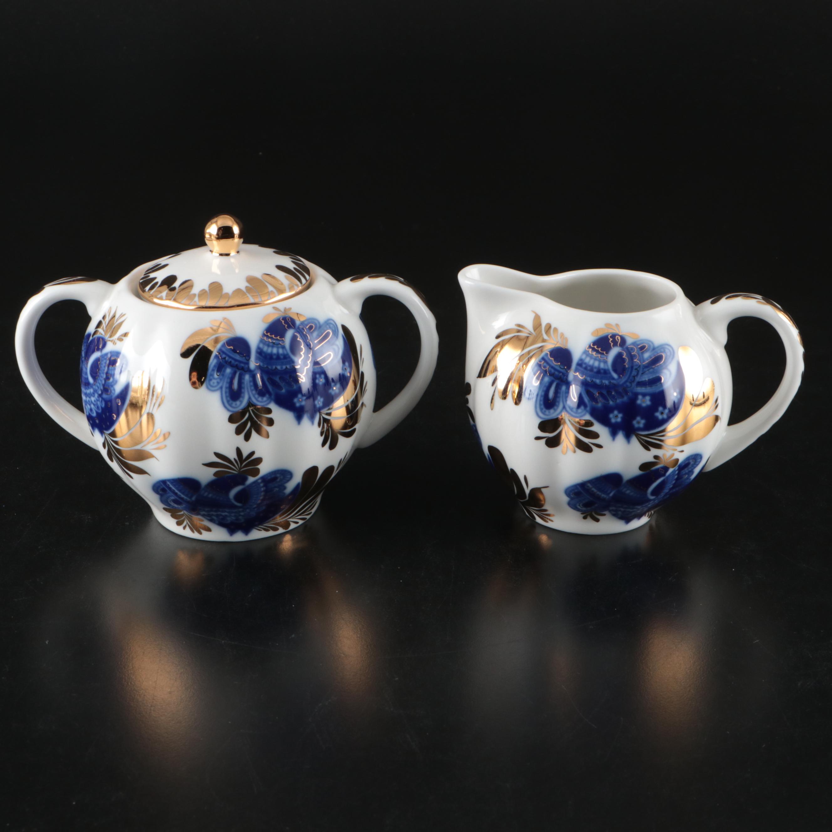 Lomonosov "Golden Garden" Russian Gilt Blue and White Porcelain Tableware