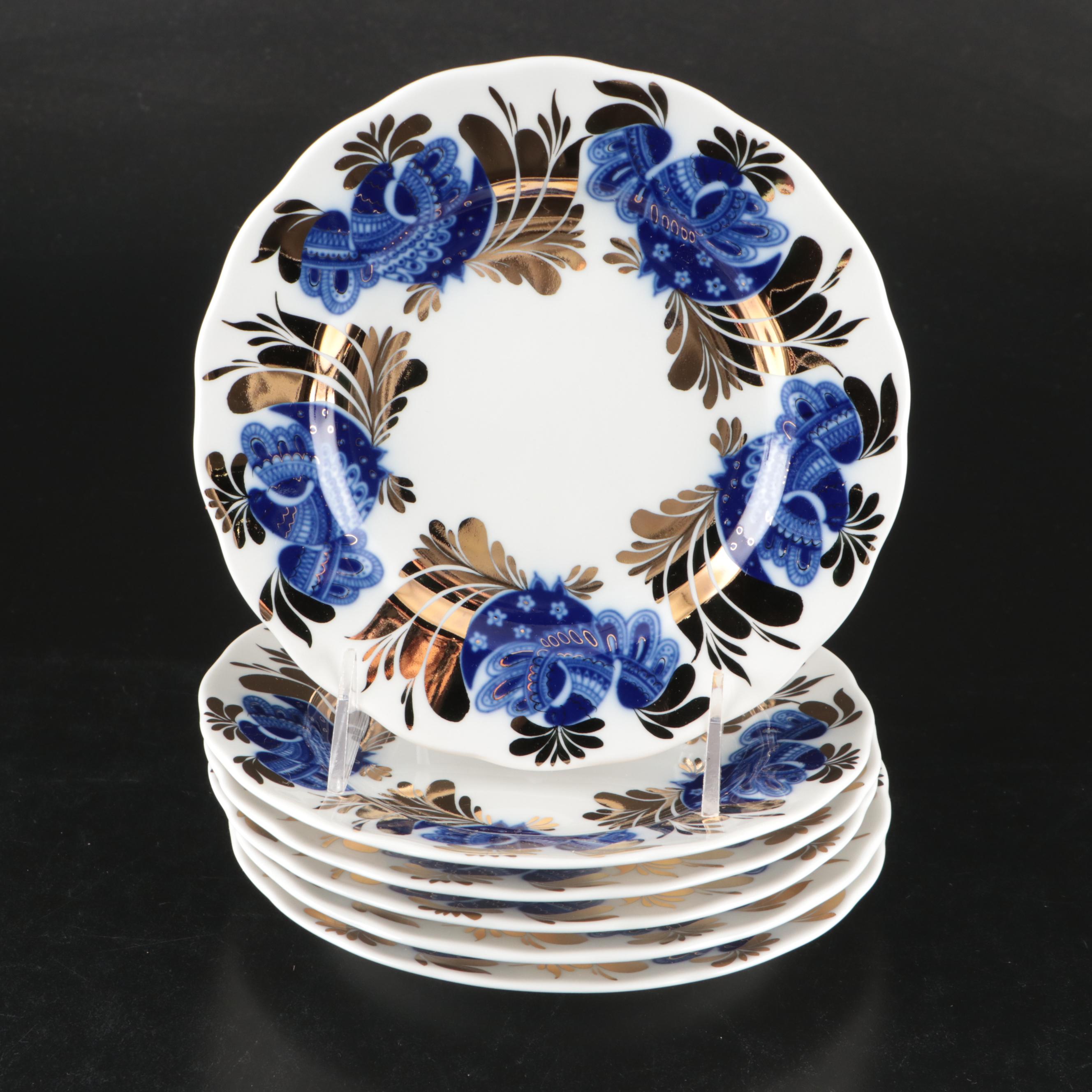 Lomonosov "Golden Garden" Russian Gilt Blue and White Porcelain Tableware