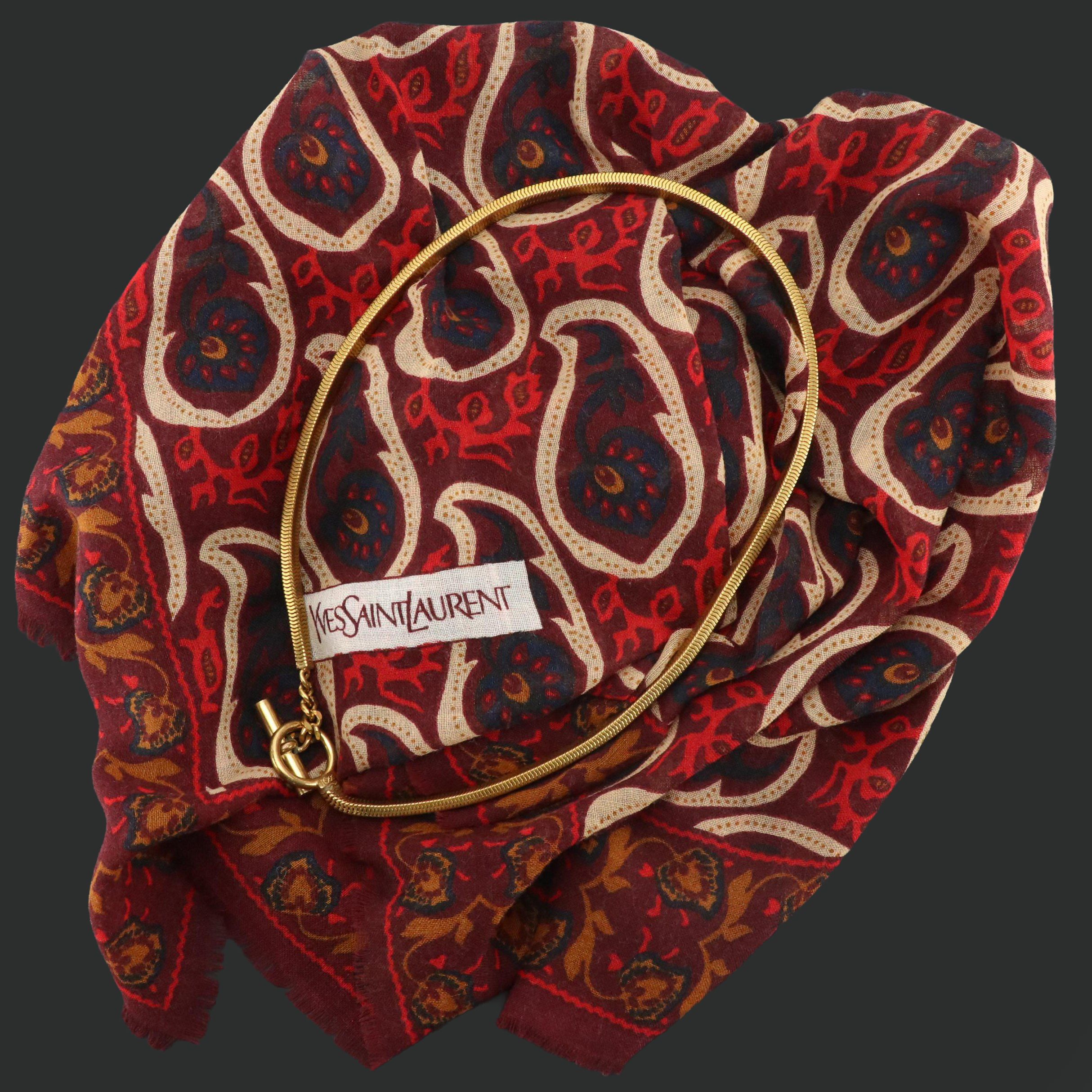 Yves Saint Laurent Vintage Paisley Printed Fringe Scarf and Gold Chain Belt